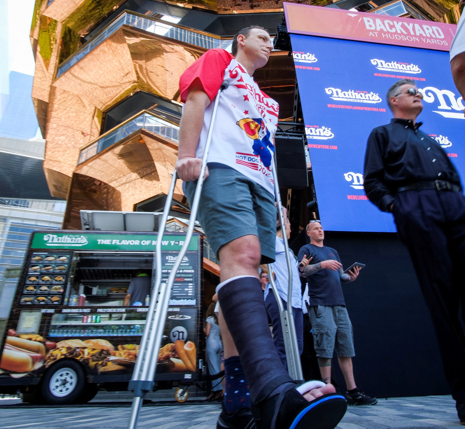 World Champion Joey Chestnut arrives to attend the weigh-in ahead of Nathan's Famous Fourth of July International Hot Dog-Eating Contest in New York, U.S., July 1, 2022