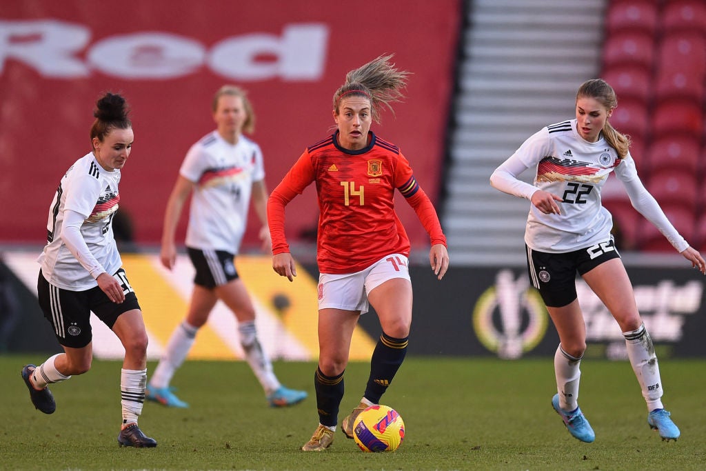 Spain’s midfielder Alexia Putellas looks to play a pass during a match against Germany at the Riverside Stadium in Middlesbrough, in February