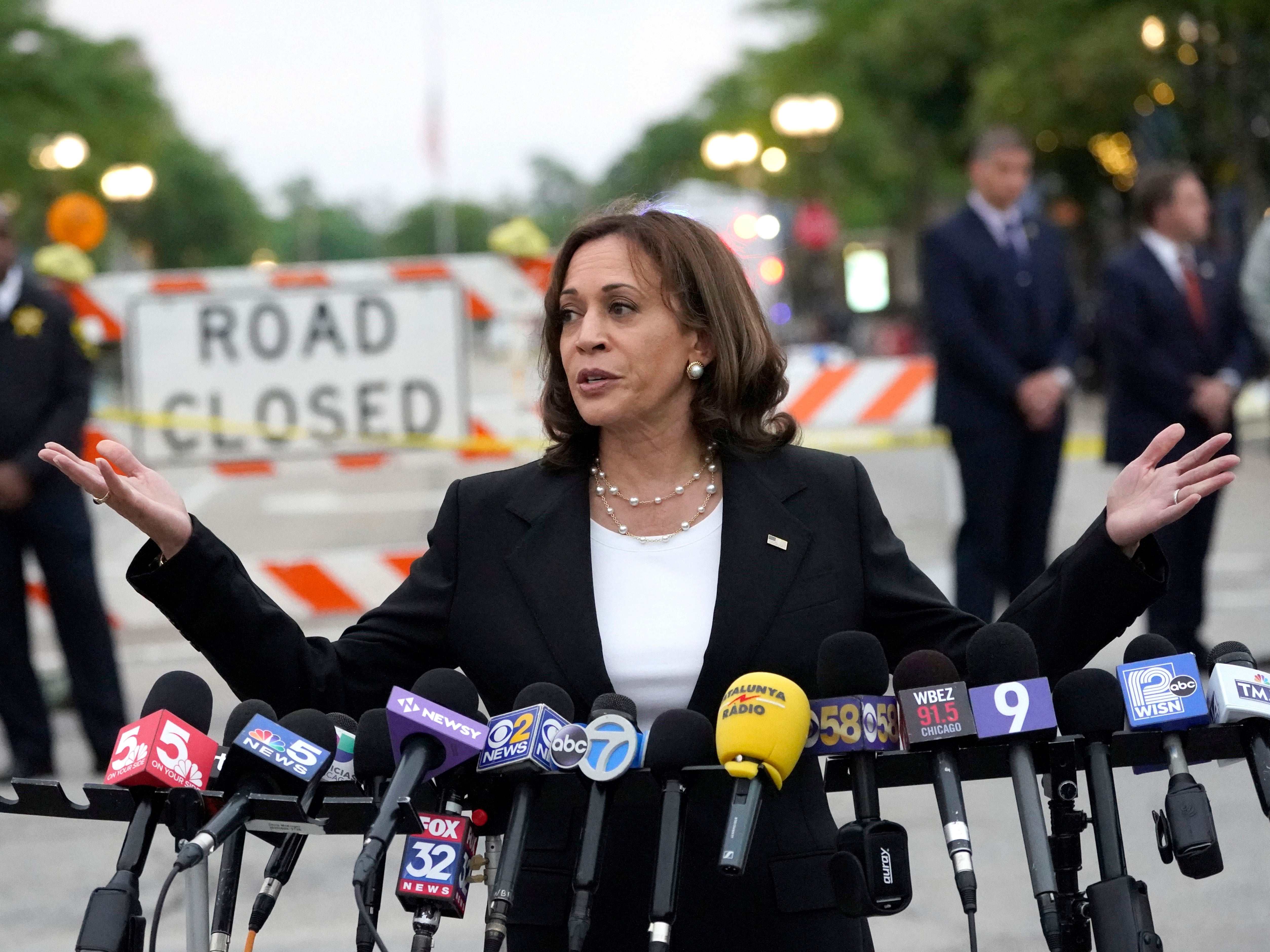 Vice president Kamala Harris speaks to those gathered near the site of Monday's mass shooting during the Highland Park July 4th parade Tuesday, July 5, 2022, in Highland Park