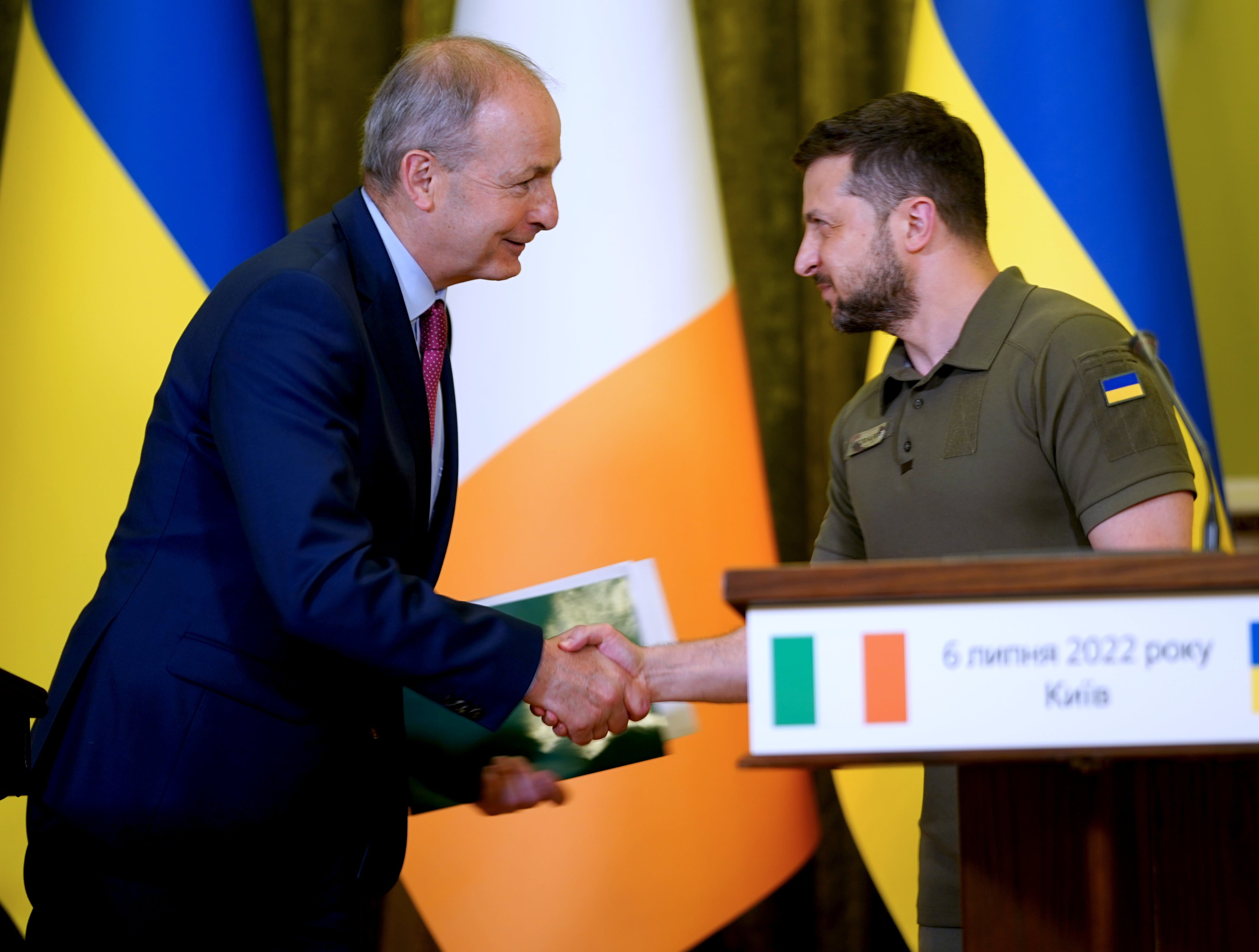 Ukrainian President Volodymyr Zelenskyy greets Taoiseach Micheal Martin ahead of a joint press conference at the Ukrainian Government Building in Kyiv, Ukraine, as the premier visits Ukraine to reiterate Irish solidarity with the Ukrainian authorities in the face of the Russian invasion. Picture date: Wednesday July 6, 2022.