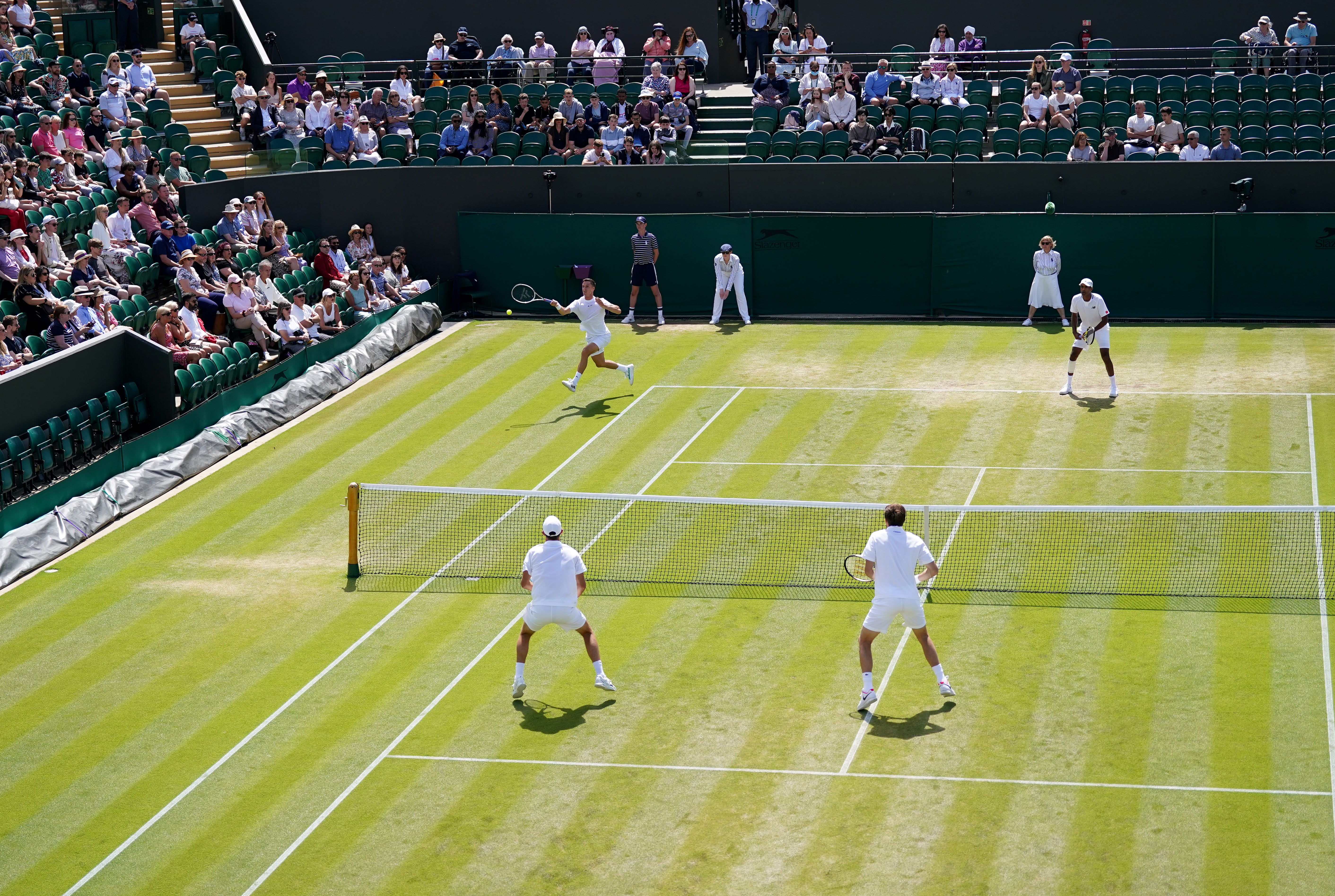 Joe Salisbury (top, left) and Rajeev Ram defeated Nicolas Mahut and Edouard Roger-Vasselin (Adam Davy/PA)