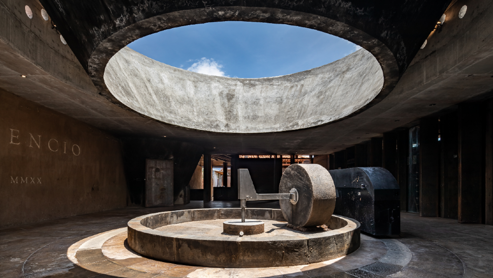 Casa Silencio’s stark, rustic decor includes a solar-powered ‘mezcal wheel’