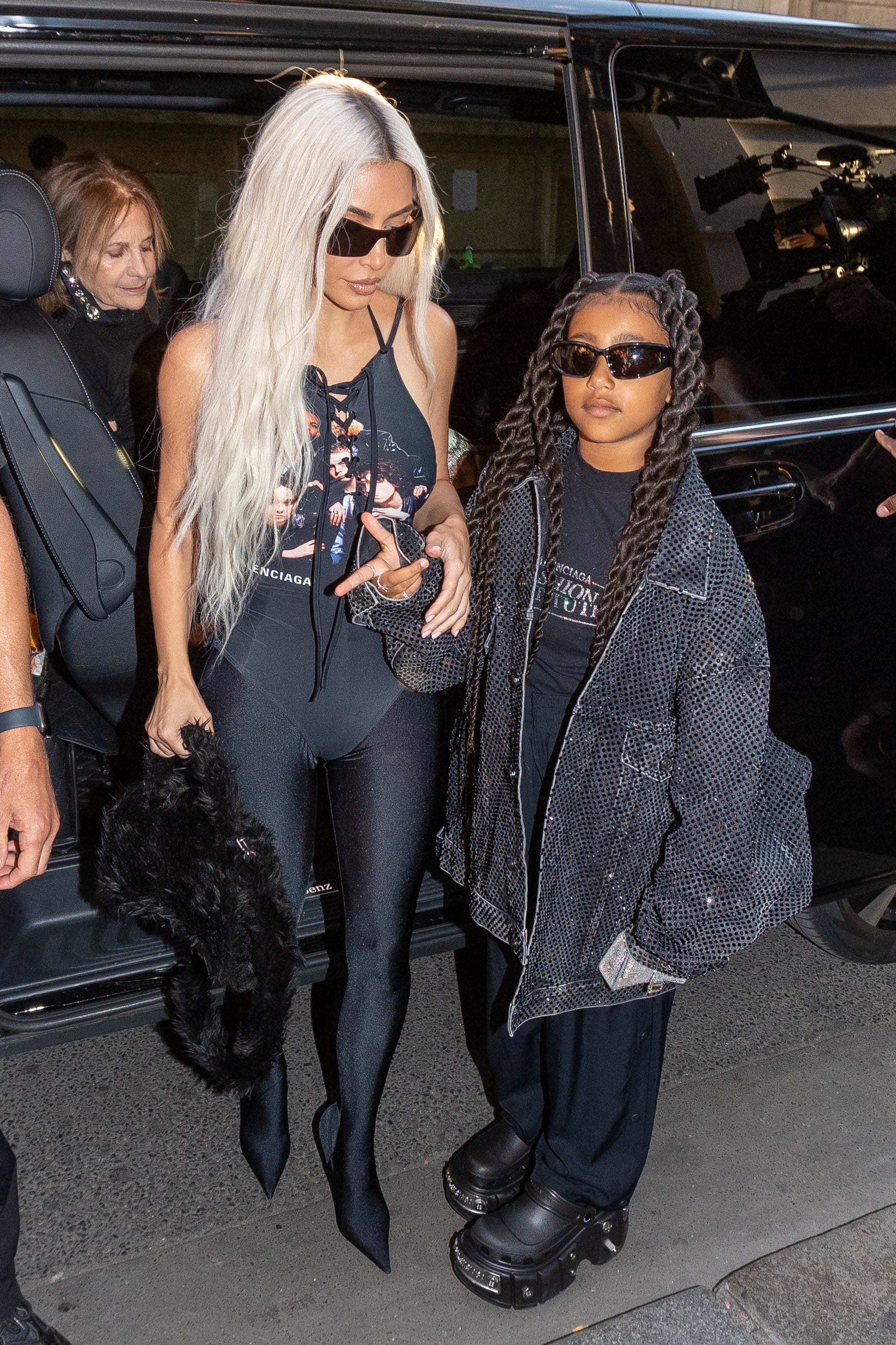 Kim Kardashian and North West are seen during Paris Fashion Week