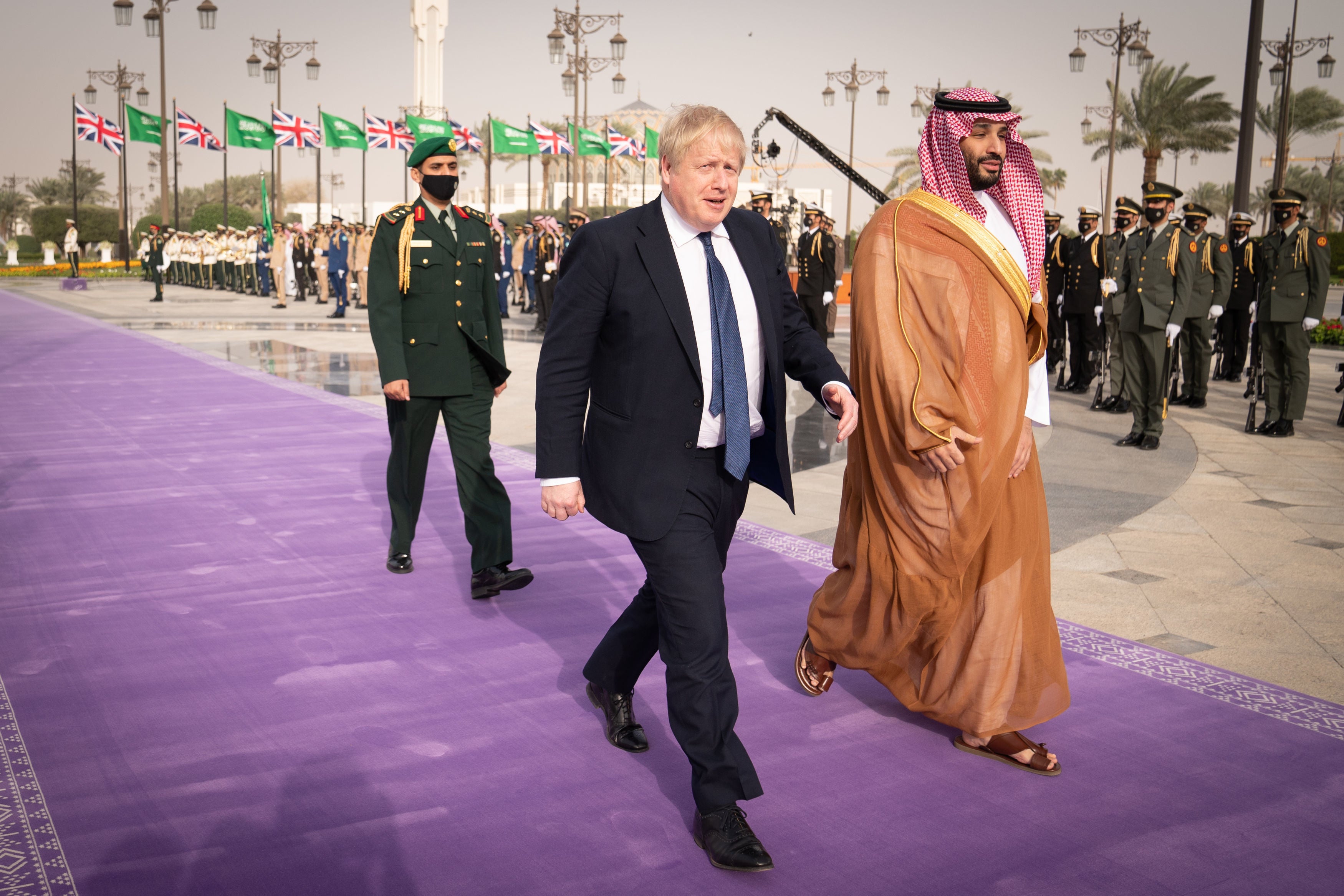 Mr Johnson being welcomed by Mohammed bin Salman last month in Riyadh
