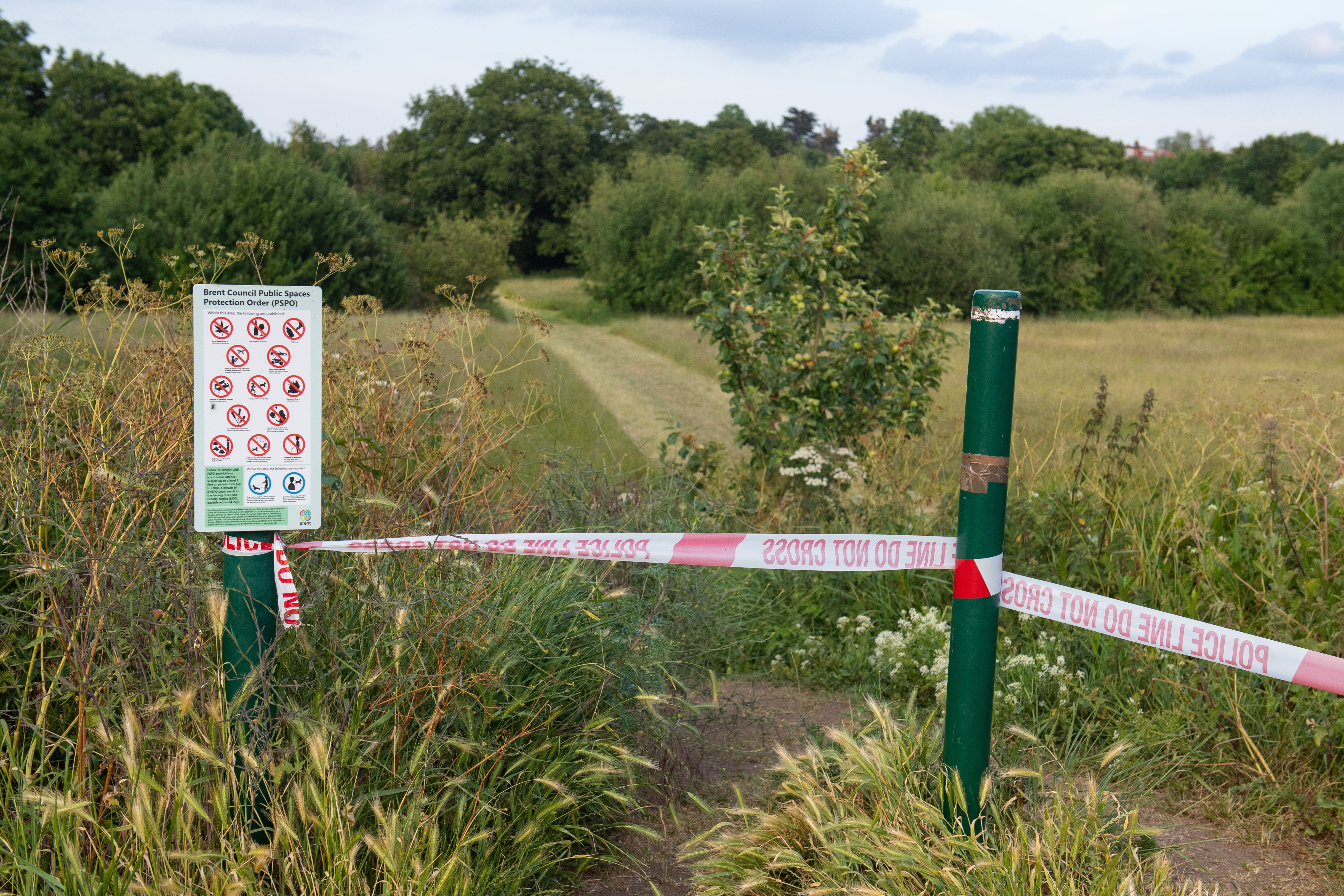 A police cordon at an entrance to Fryent Country Park, in Wembley, where the murder of the two women happened