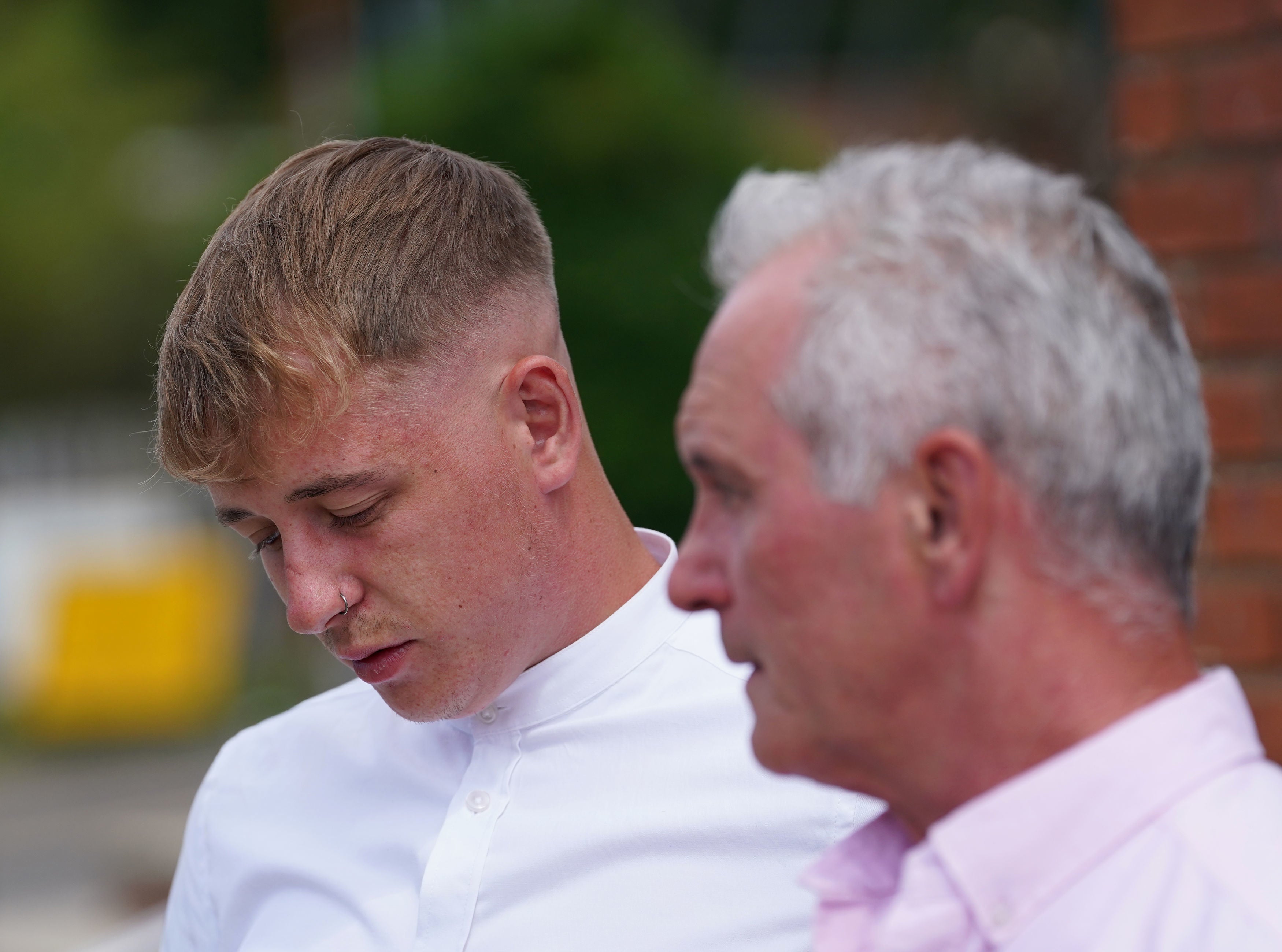 Patrick Davies (left) and Paul James, son and husband of PCSO Julia James, outside Friday’s sentencing at Canterbury Crown Court in Kent