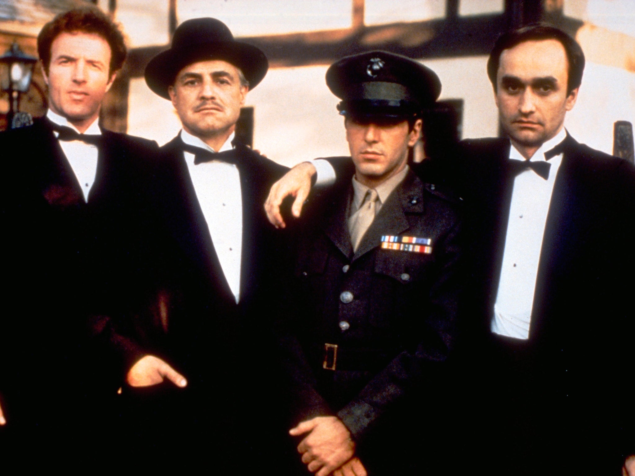 Goodfellas: Caan with ‘The Godfather’ co-stars (from second left to right) Marlon Brando, Al Pacino and John Cazale