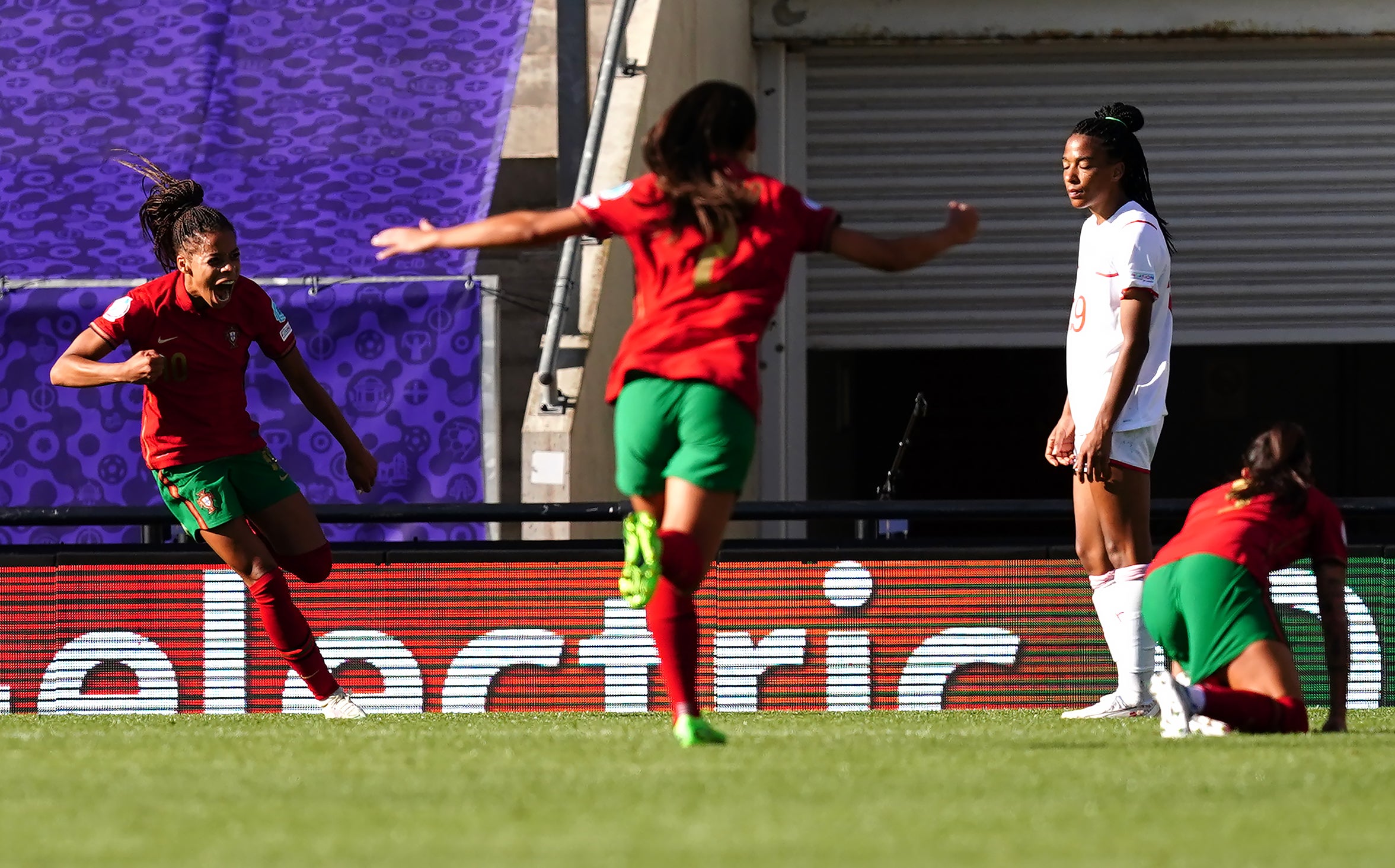 Portugal’s Jessica Silva (left) celebrates scoring their side’s second goal of the game during the UEFA Women’s Euro 2022 Group C match at Leigh Sports Village, Wigan. Picture date: Saturday July 9, 2022.