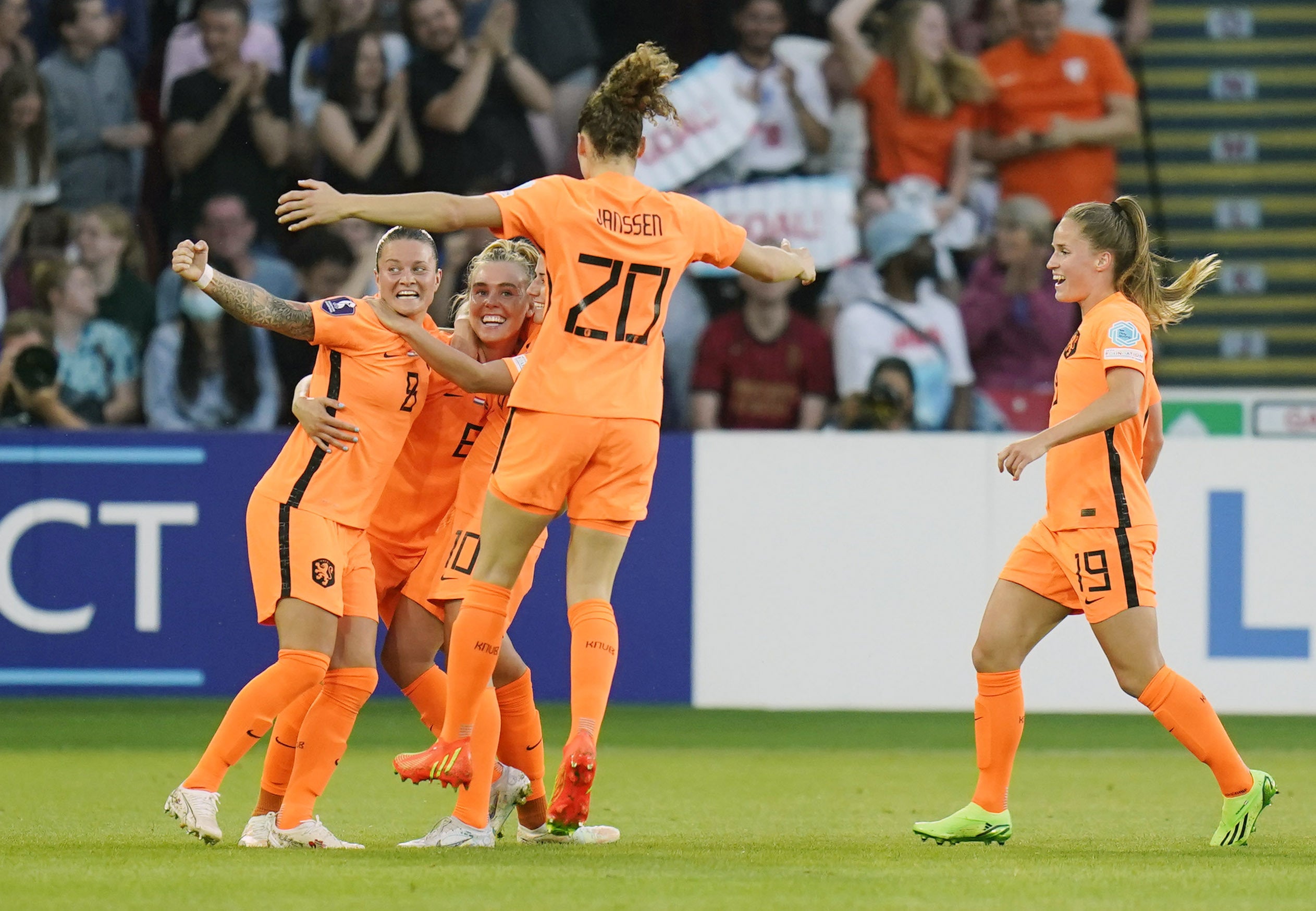 Jill Roord, second left, celebrates her equaliser with team-mates (Danny Lawson/PA)