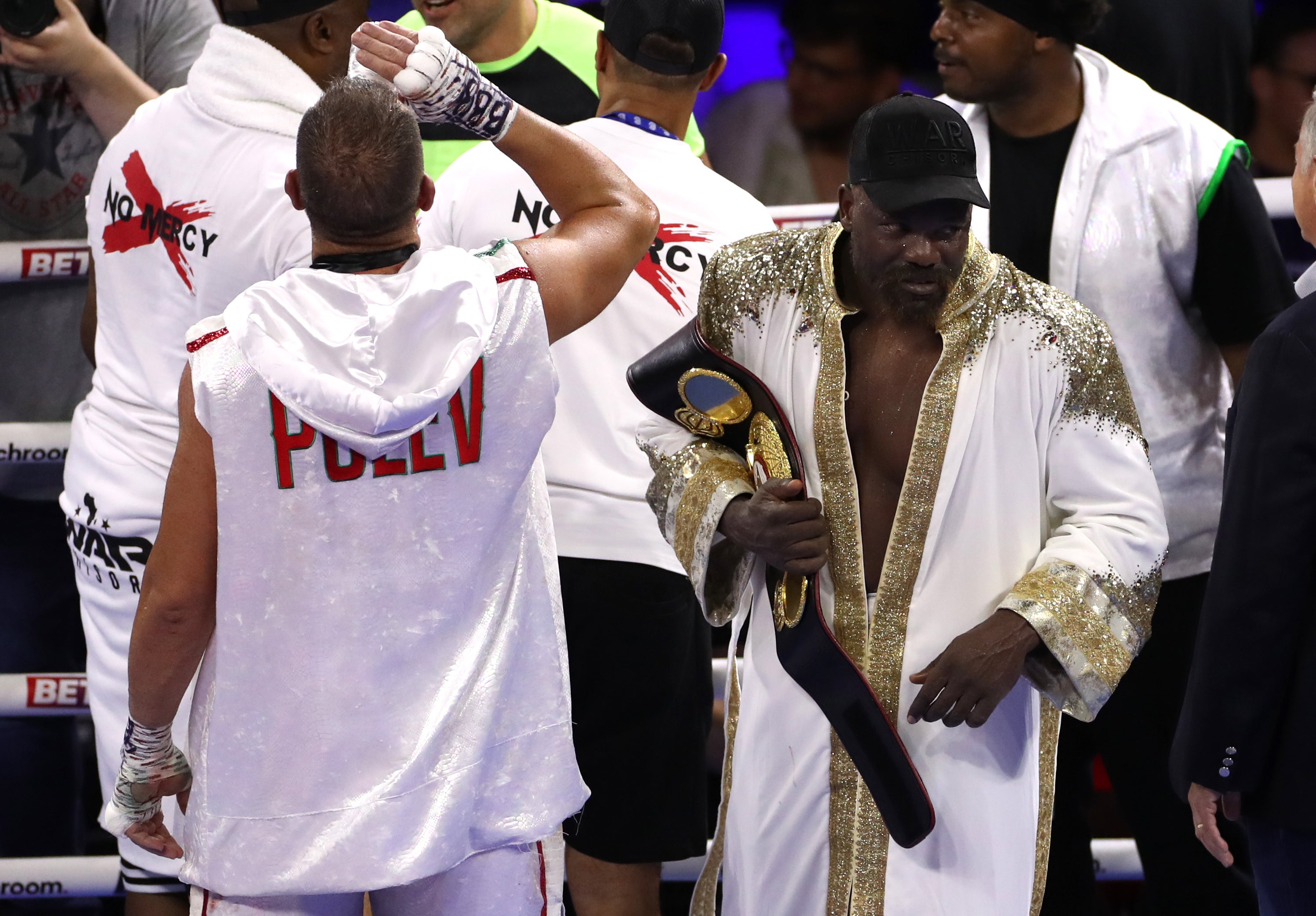 Derek Chisora celebrates after he beat Kubrat Pulev at the O2 Arena in London (Bradley Collyer/PA)