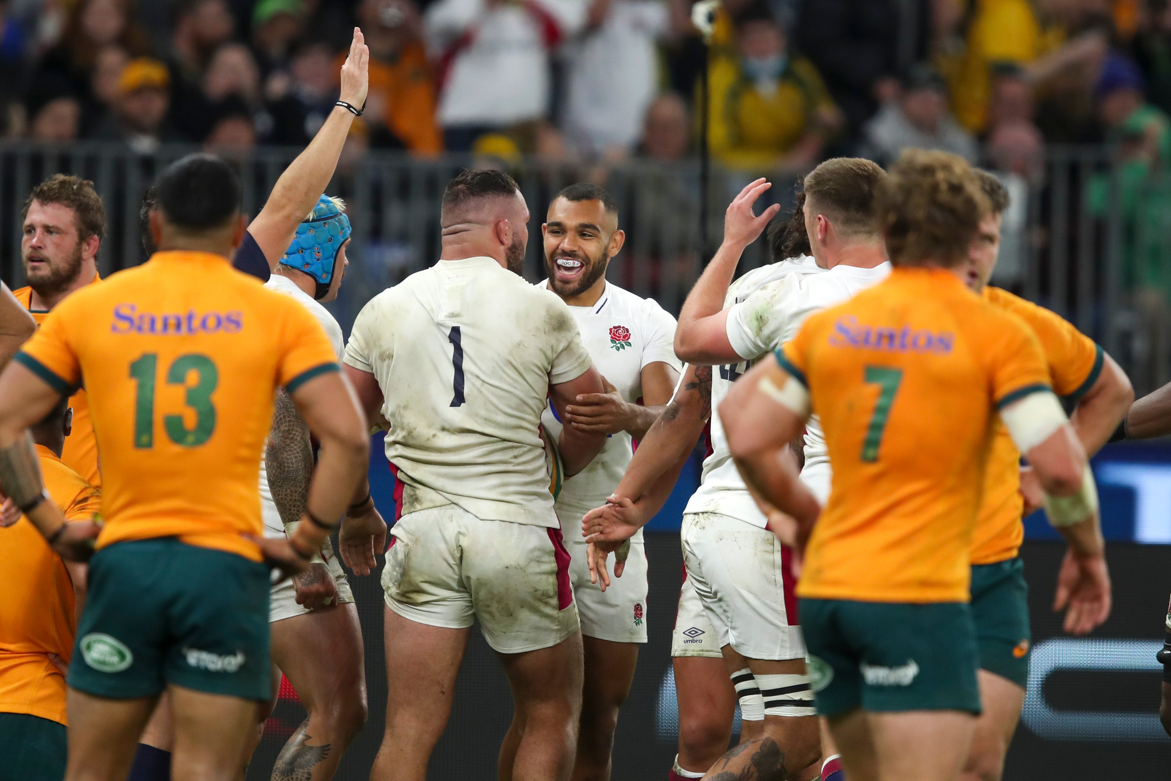 The key moment came early on when Ellis Genge (centre) ran through Australia captain Michael Hooper (Gary Day/AP)