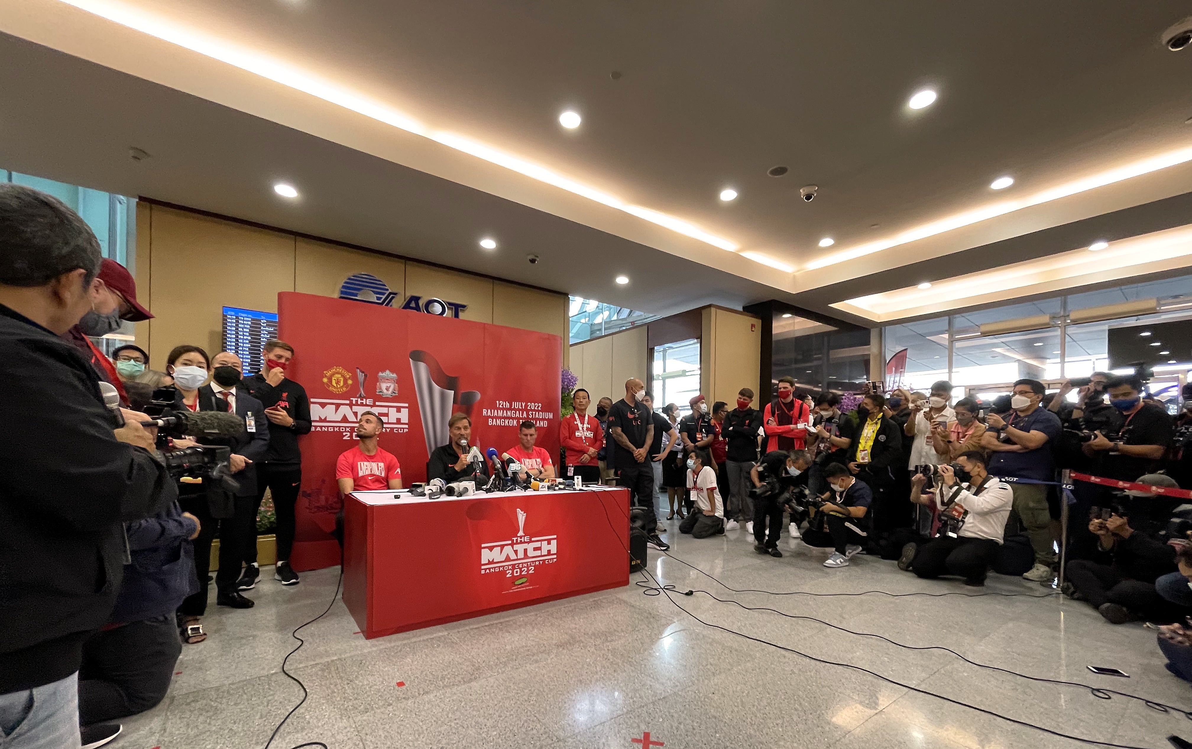 Liverpool’s press conference was held at the airport shortly after they arrived in Bangkok (Simon Peach/PA)