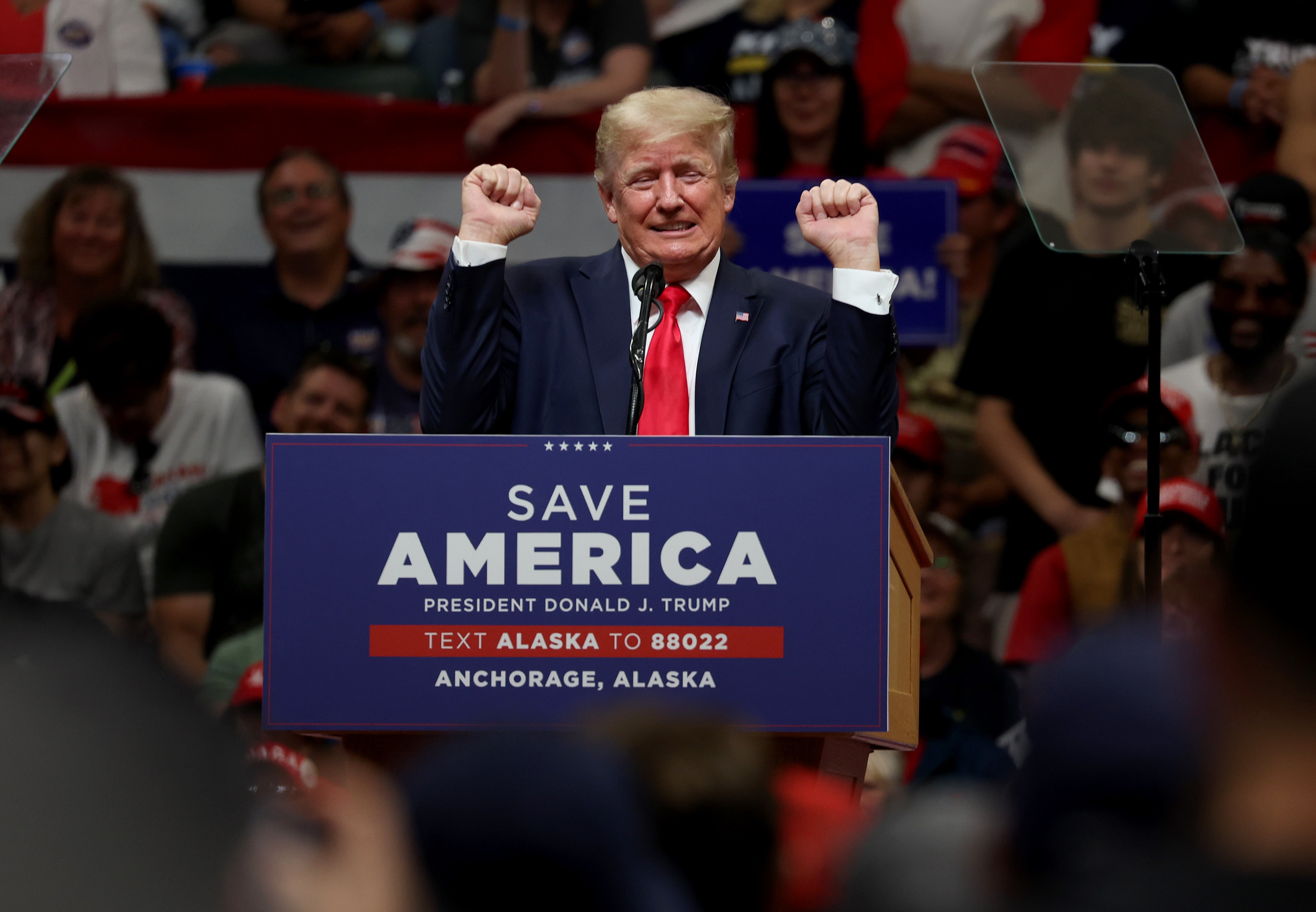 Donald Trump speaks on stage at a GOP rally in Anchorage, Alaska, on 9 July