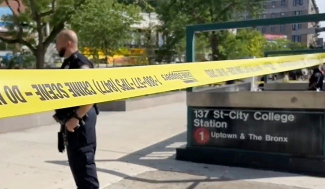 NYPD officers outside the subway station in Manhattan following Saturday’s stabbing