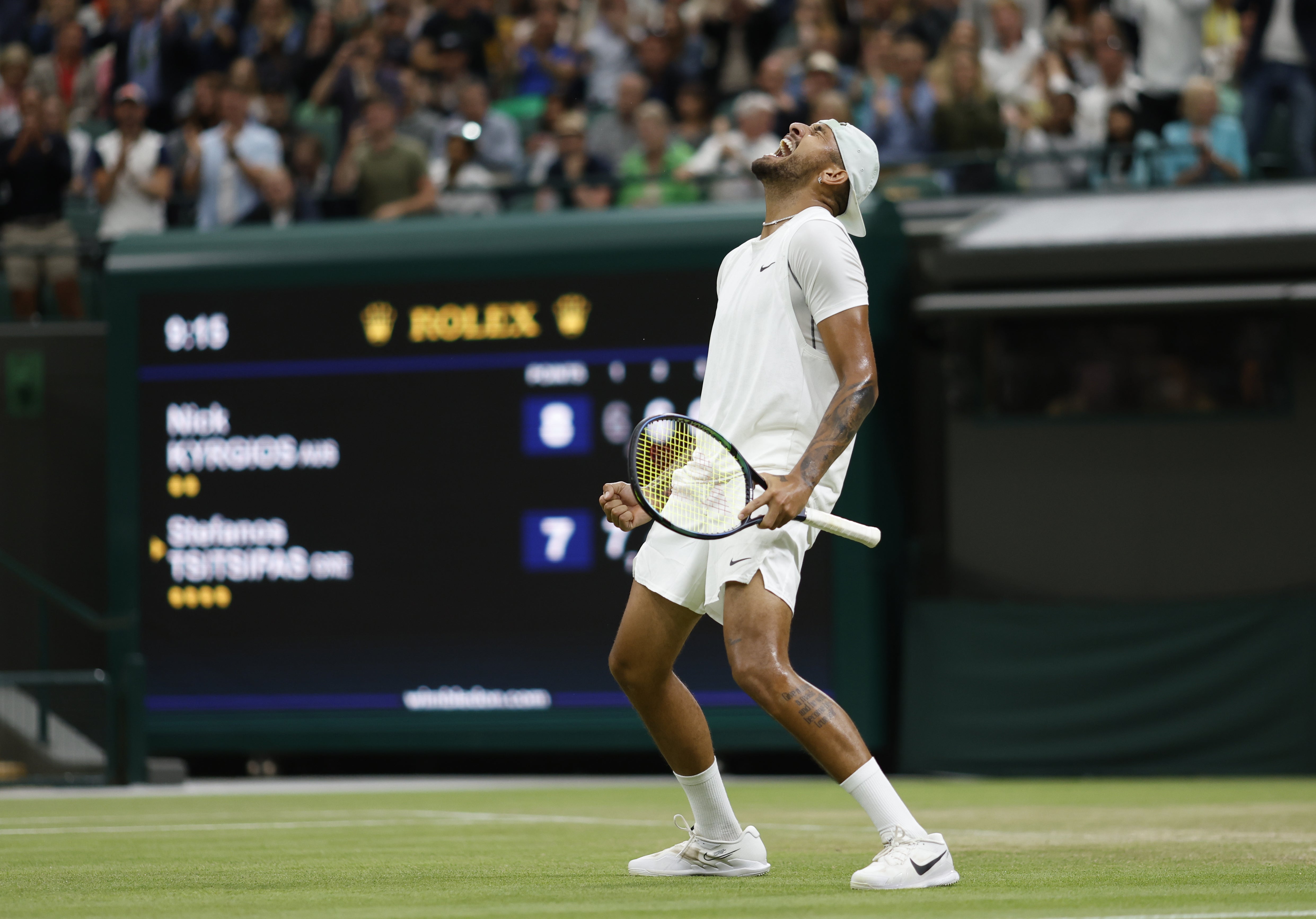 Nick Kyrgios celebrates victory over Stefanos Tsitsipas in a classic on Court One – before the Australian was accused of being a “bully” by his beaten opponent (Steven Paston/PA)