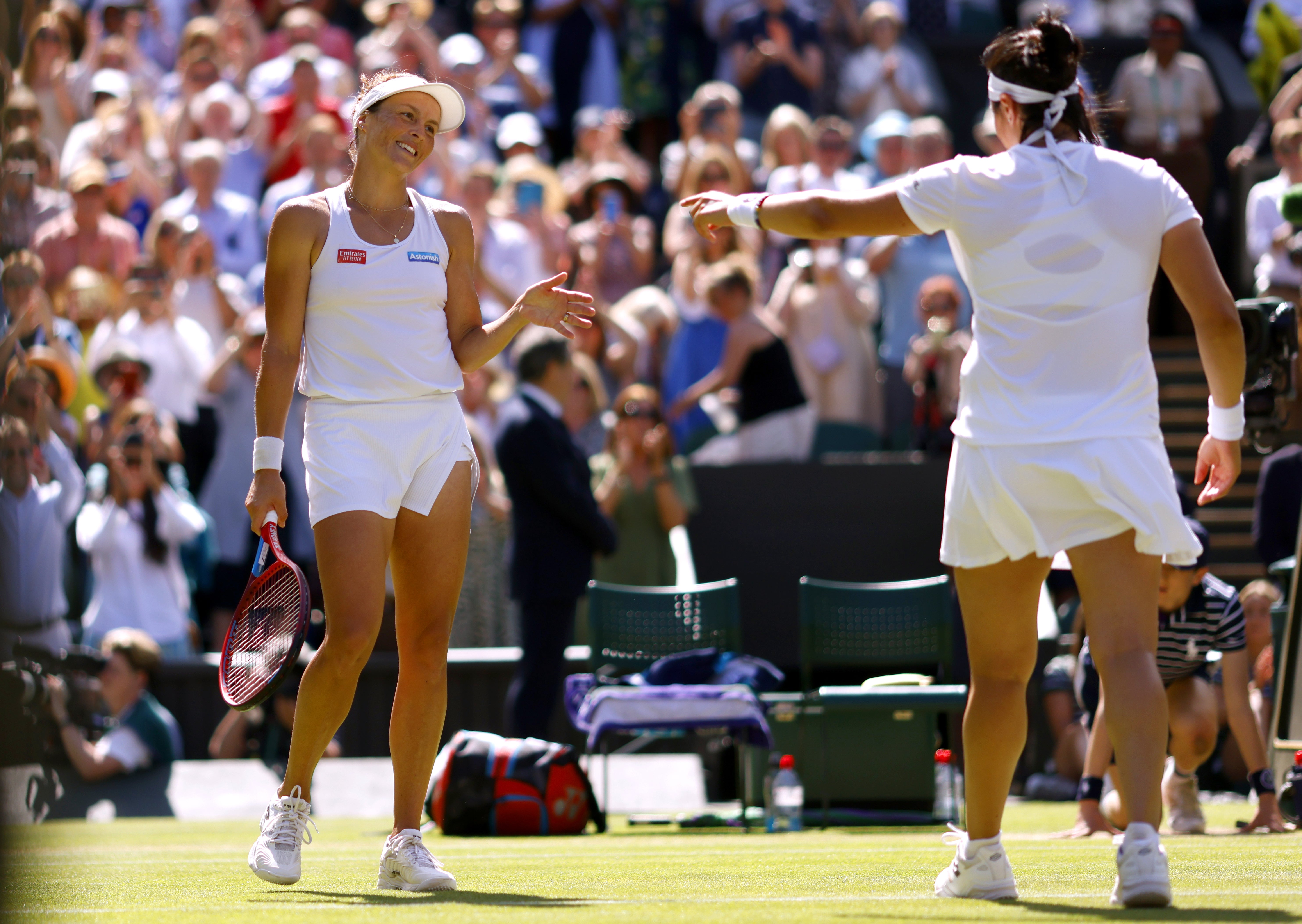 Ons Jabeur makes sure Centre Court acknowledges Tatjana Maria after the Tunisian beat her “barbecue buddy” to reach the women’s final (Steven Paston/PA)