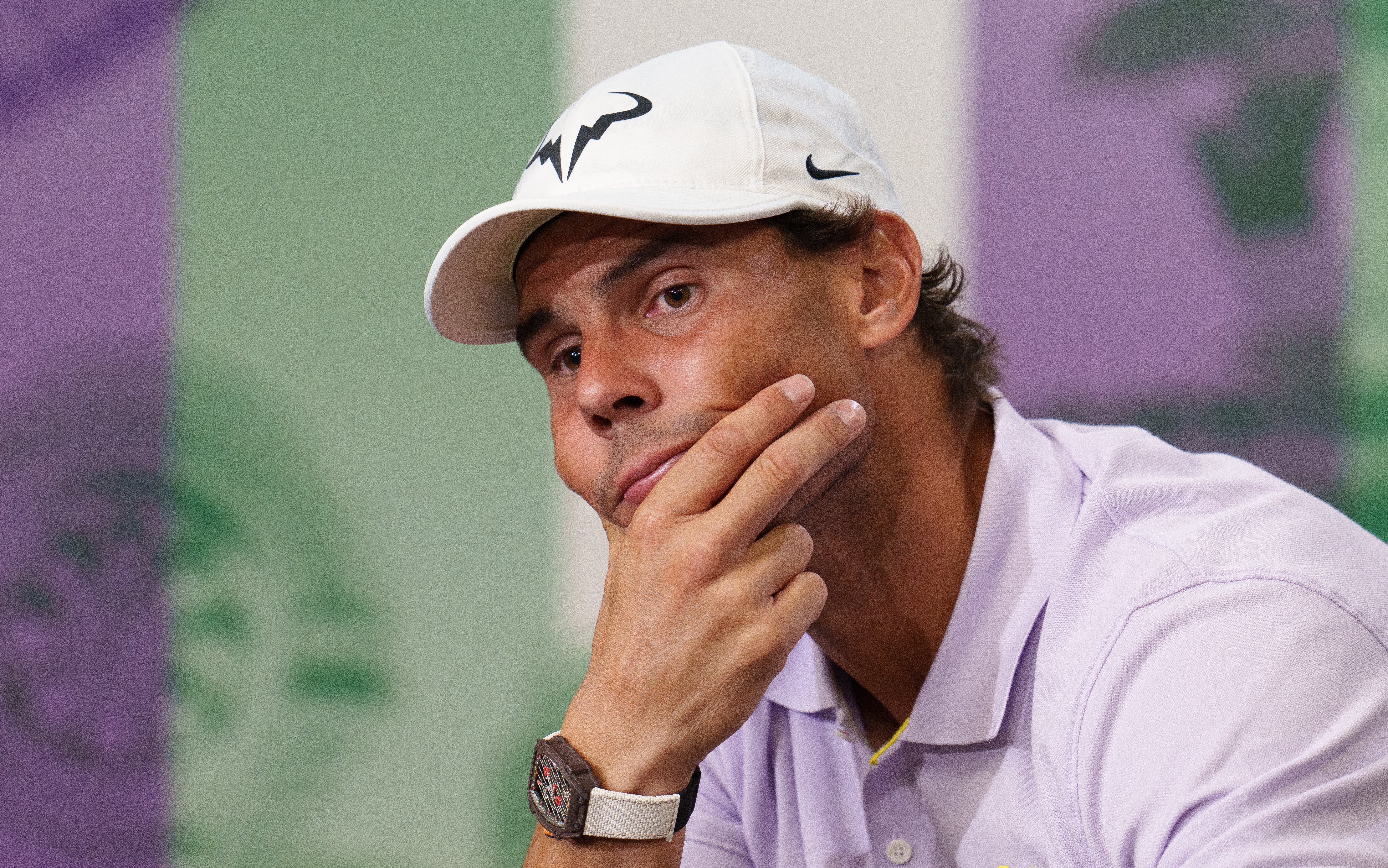 Rafael Nadal at a press conference announcing his withdrawal from Wimbledon due to injury (Joe Toth/PA)