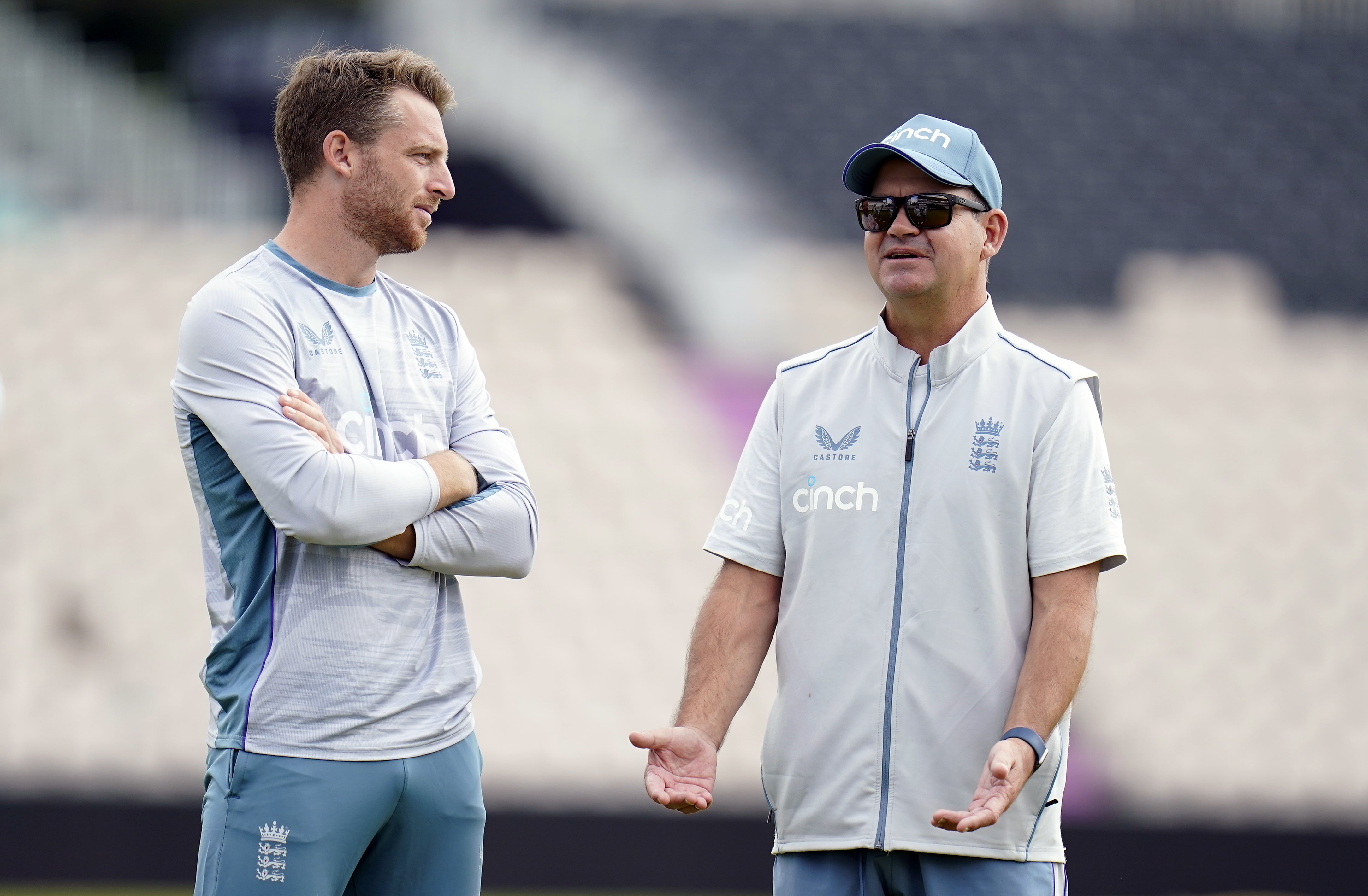 Matthew Mott, right, spoke warmly of Jos Buttler’s captaincy (Andrew Matthews/PA)