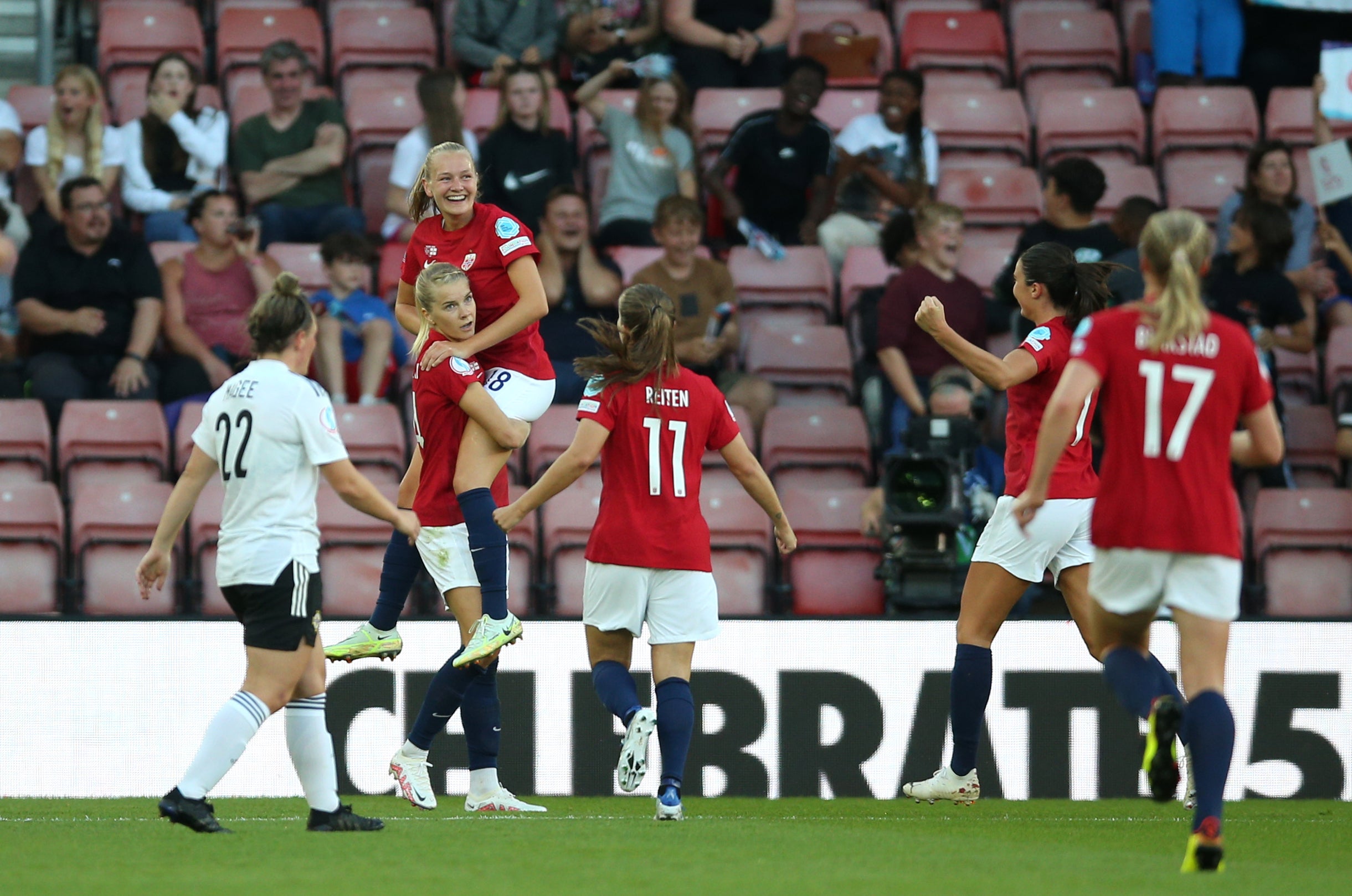 WSL players Frida Maanum, top, Guro Reiten, centre, and Julie Blakstad, foreground right, take goalscoring form into their clash with England (Nigel French/PA)