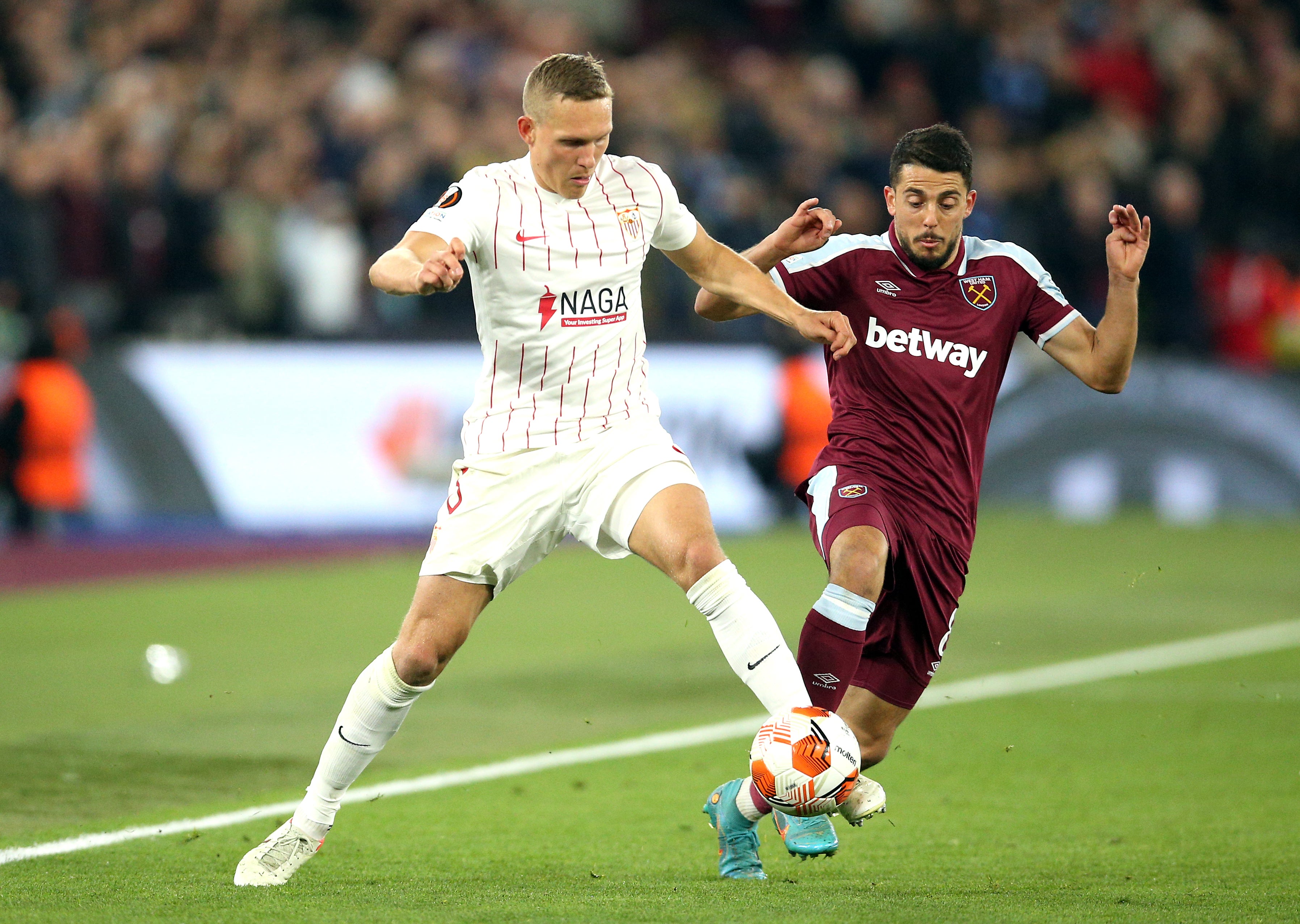 Sevilla defender Ludwig Augustinsson, left, has agreed to join Villa on loan (Nigel French/PA)