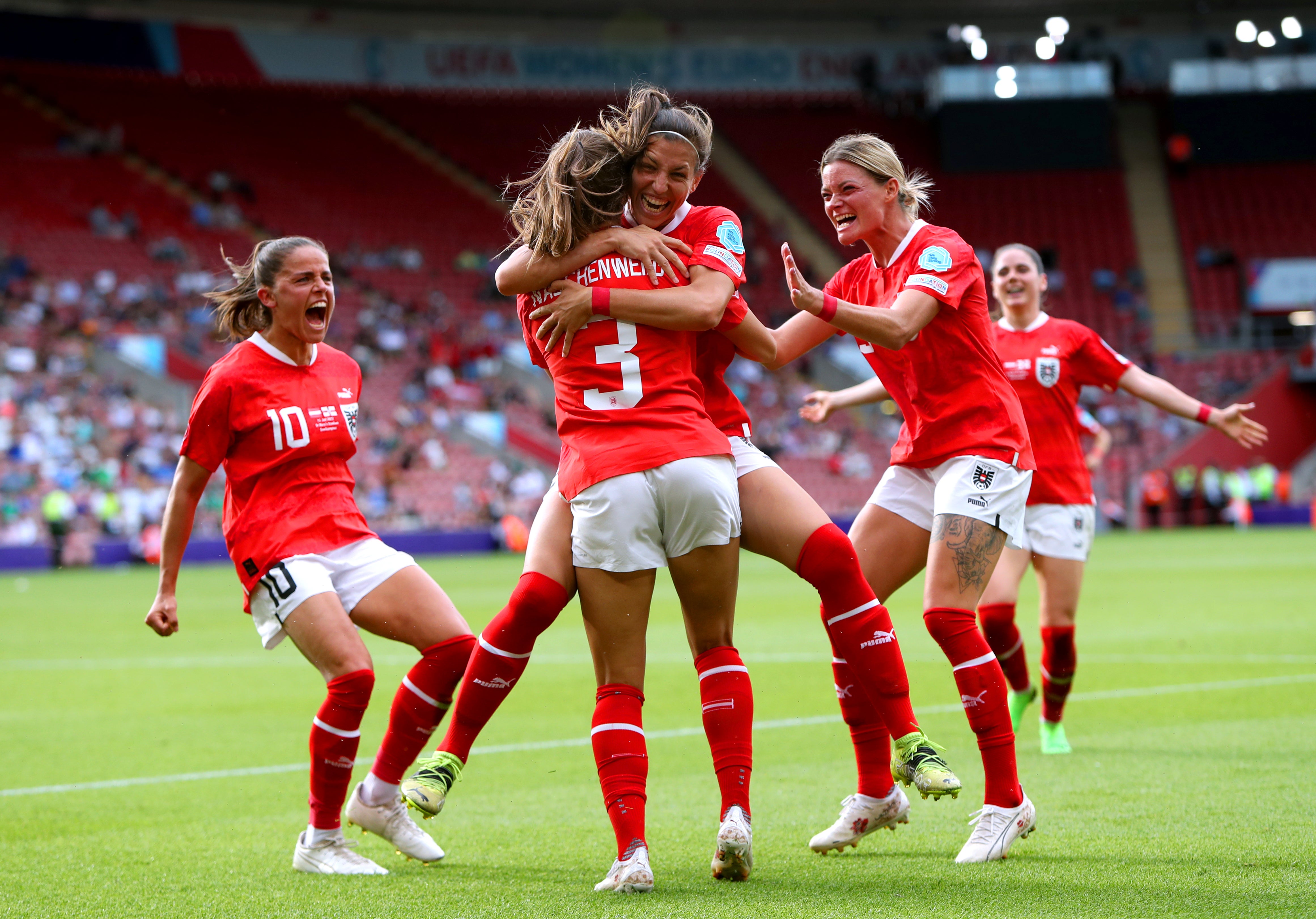 Austria’s Katharina Naschenweng celebrates her team’s second goal (Kieran Cleeves/PA).