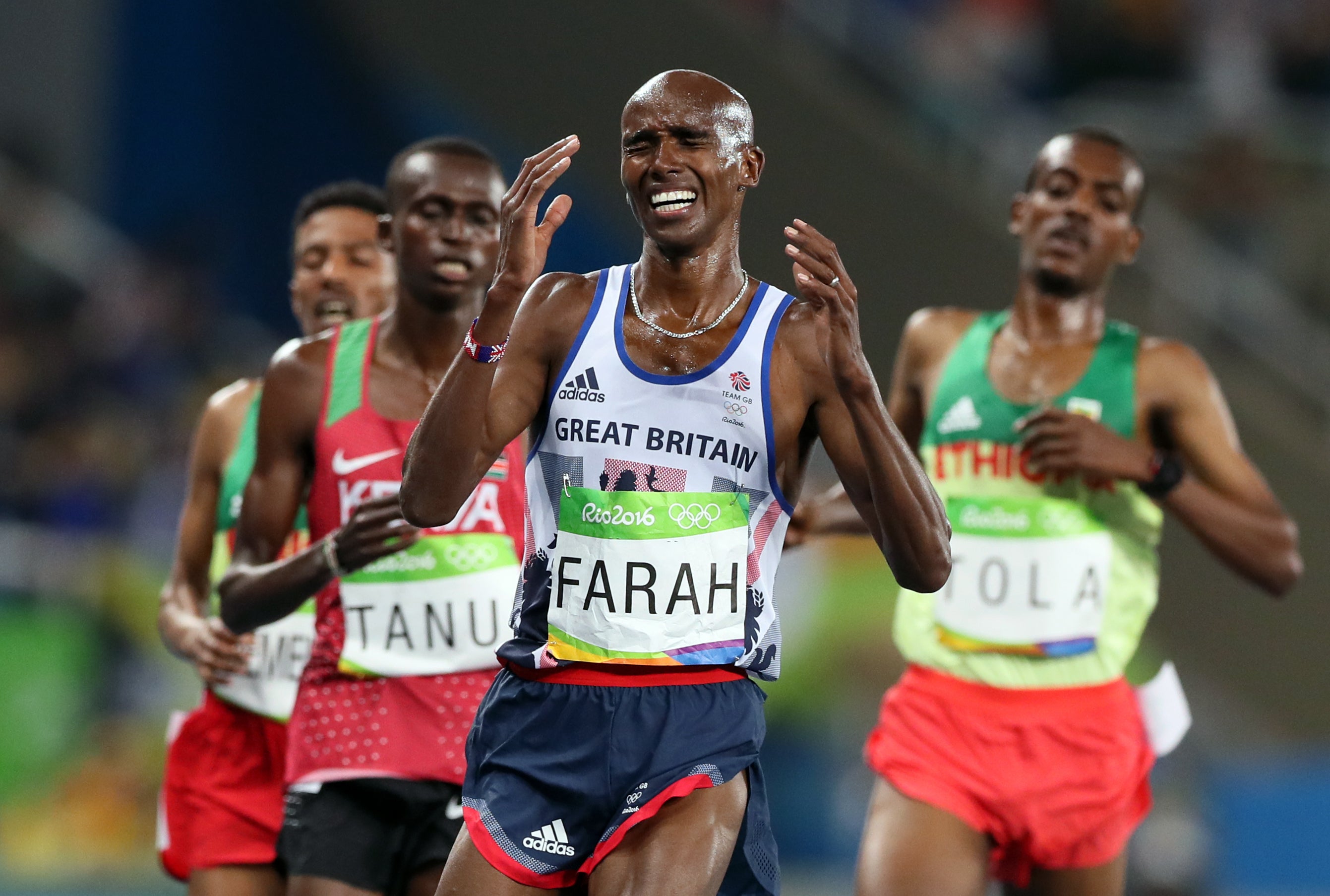 Farah celebrates his 10,000m win in Rio. (Martin Rickett/PA)