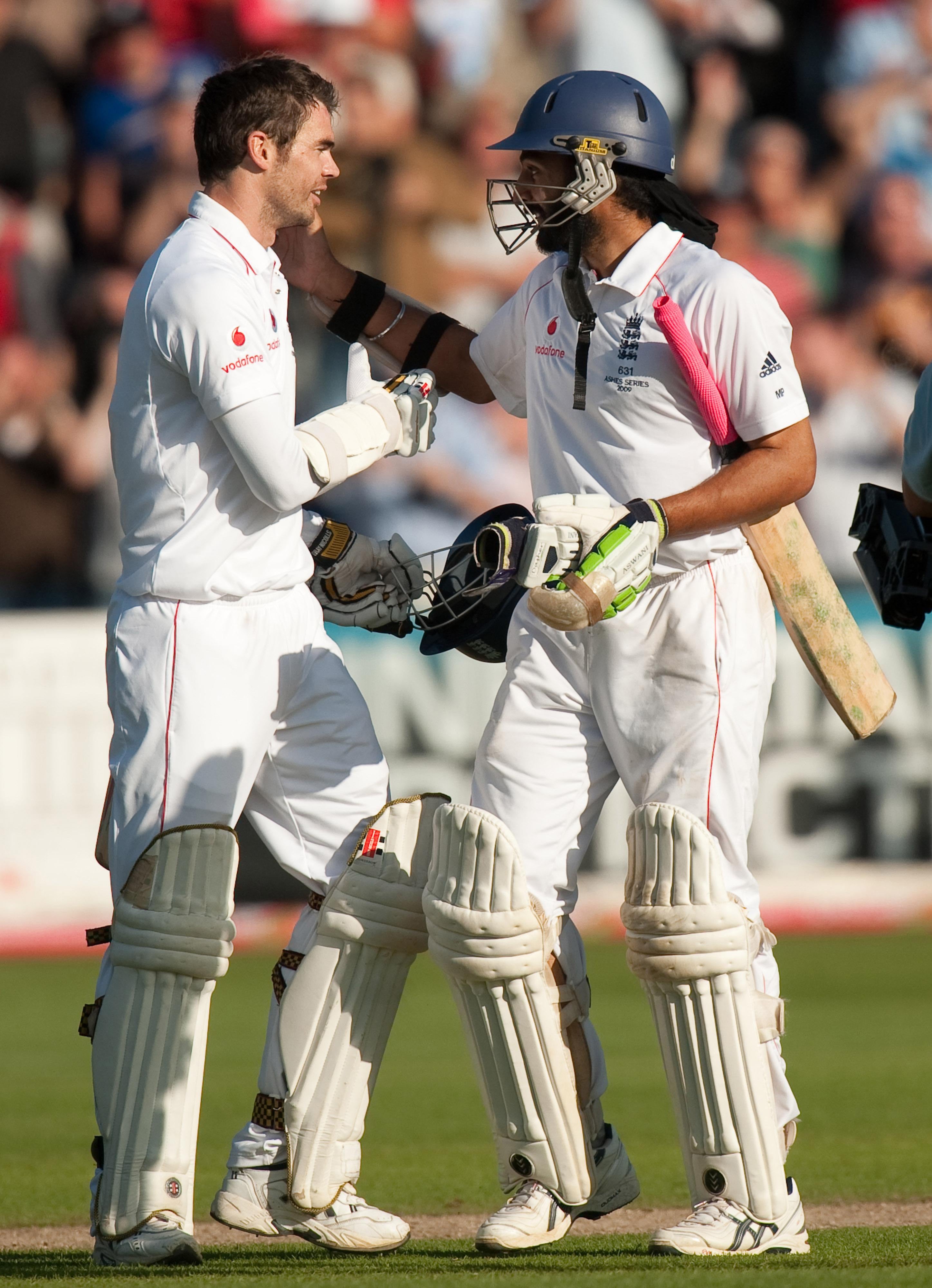 James Anderson and Monty Panesar embrace after drawing the first Ashes Test of 2009. (Gareth Copley/PA)