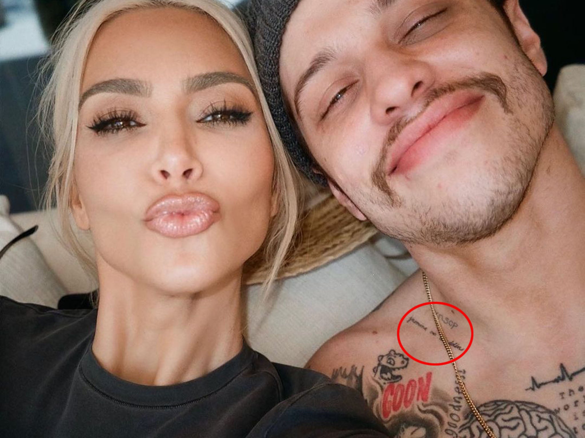 Davidson has at least four tattoos dedicated to Kardashian, including his latest collarbone ink in honour of their SNL kiss