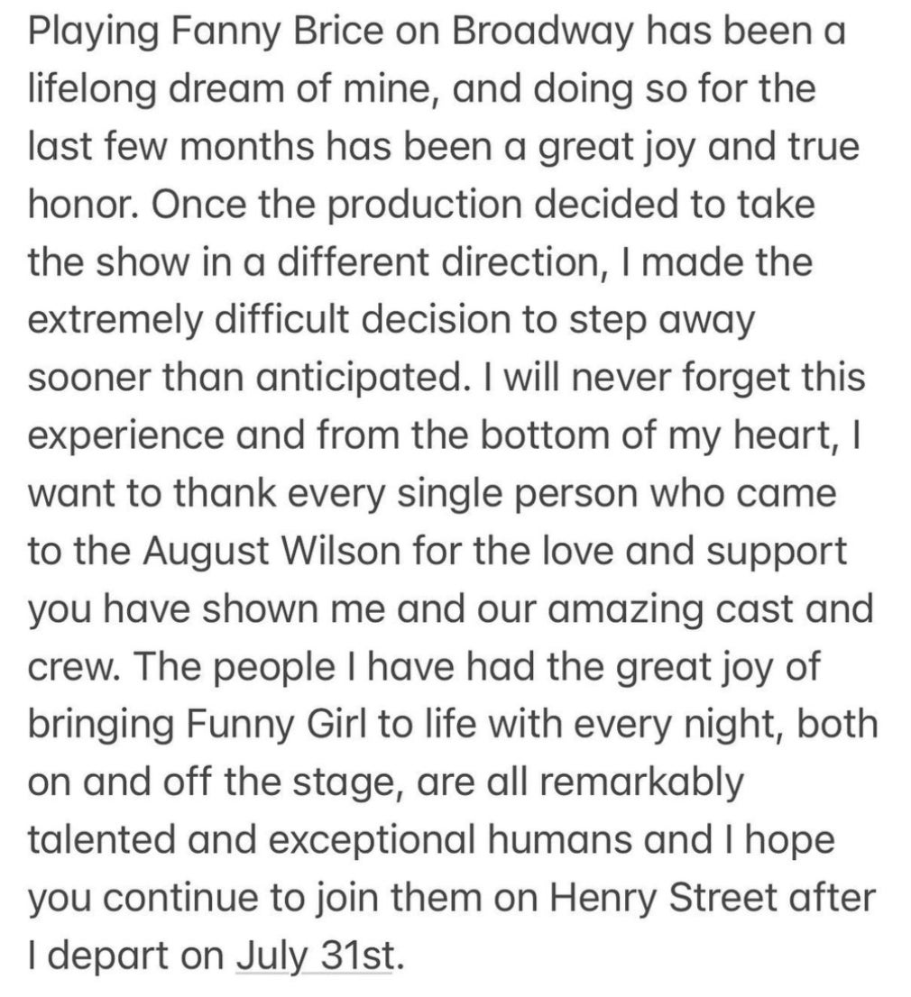 Feldstein announced that she was leaving ‘Funny Girl’ early via a Notes app post on Instagram