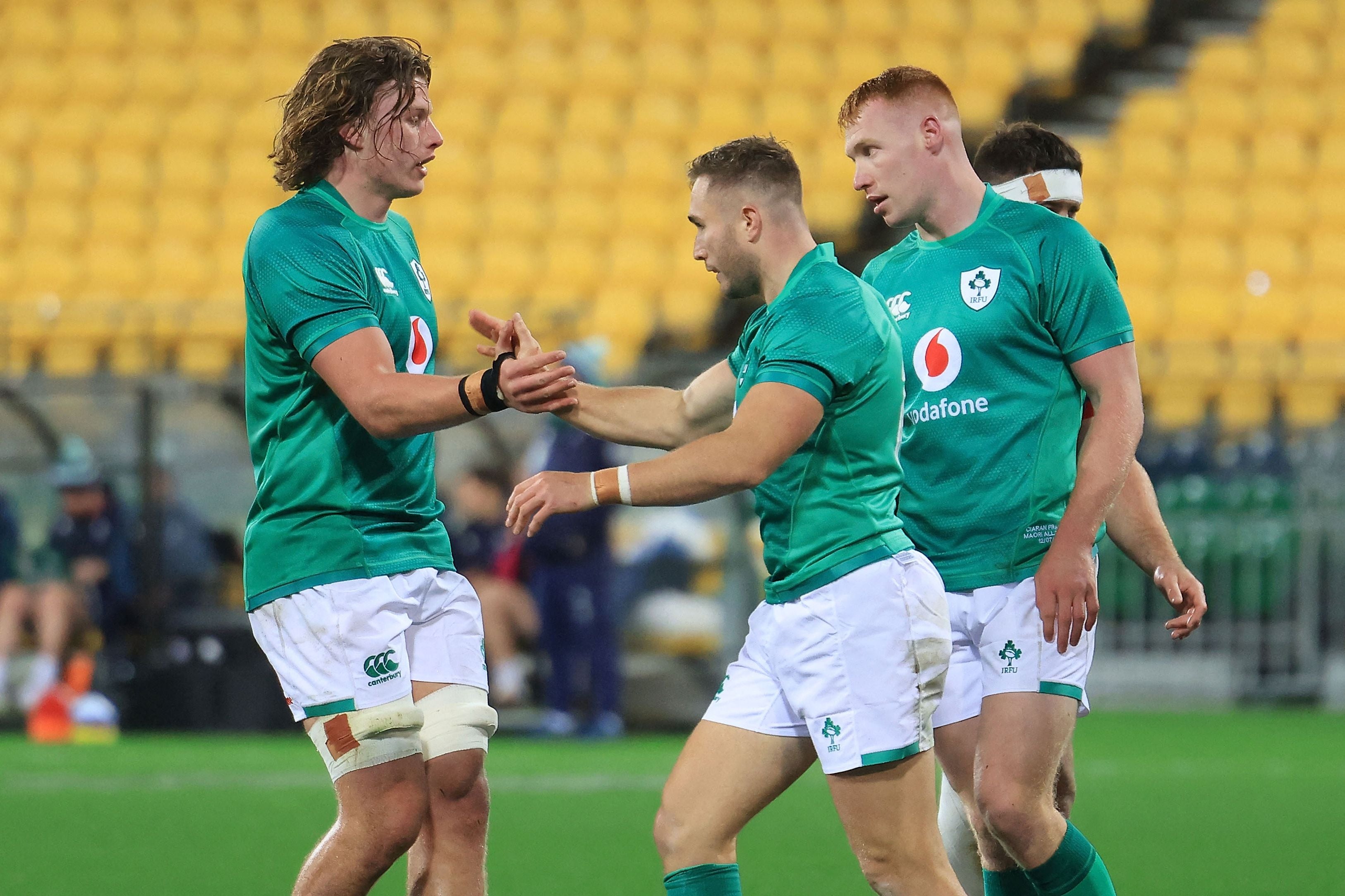 Ireland celebrate Jordan Larmour scoring a try