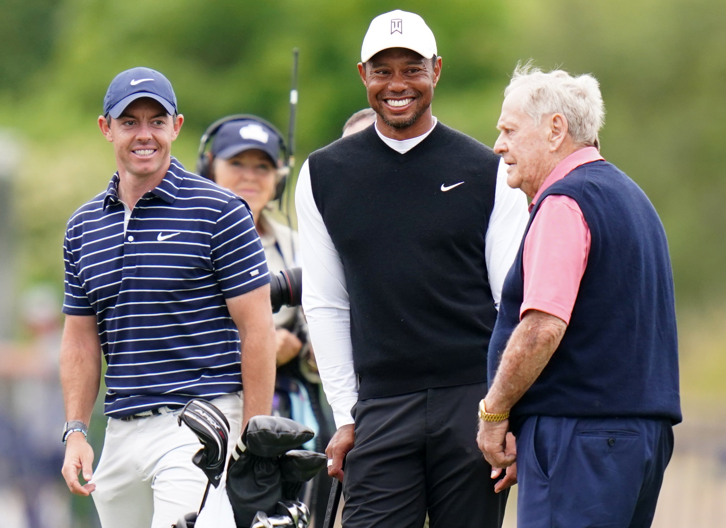 Rory McIlroy, Tiger Woods and Jack Nicklaus during the R&A Celebration of Champions event on Monday (Jane Barlow/PA)