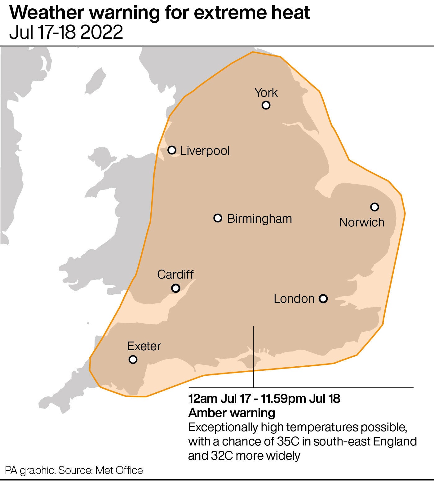 An extreme heat warning is in place for much of England on Sunday and Monday