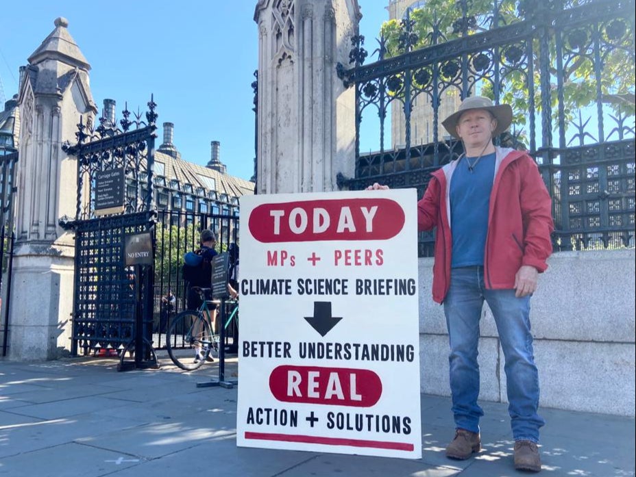 Angus Rose was once again outside parliament - this time not on hunger strike - for the day of the climate briefing