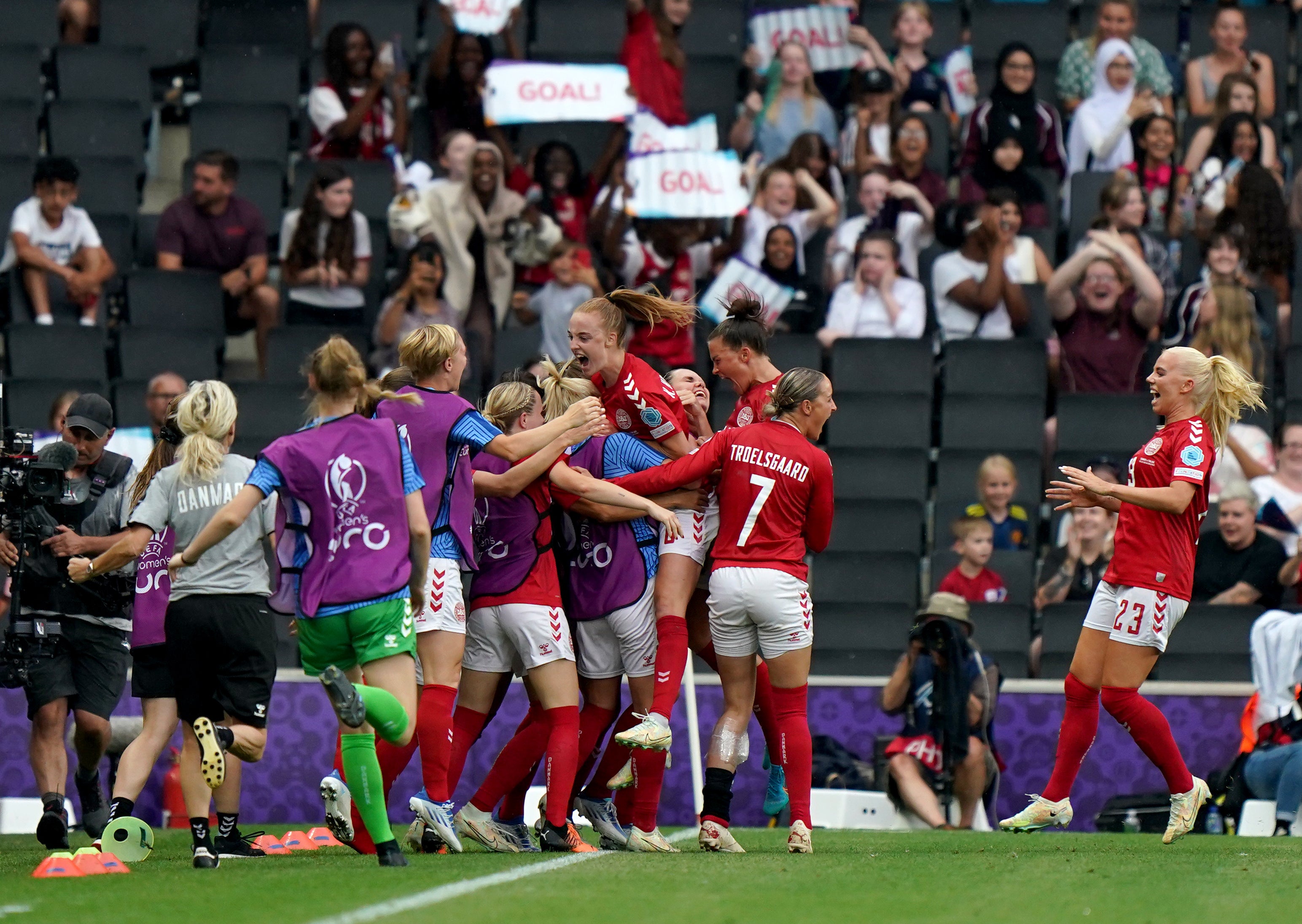 Denmark celebrate Pernille Harder’s winner against Finland (Tim Goode/PA).