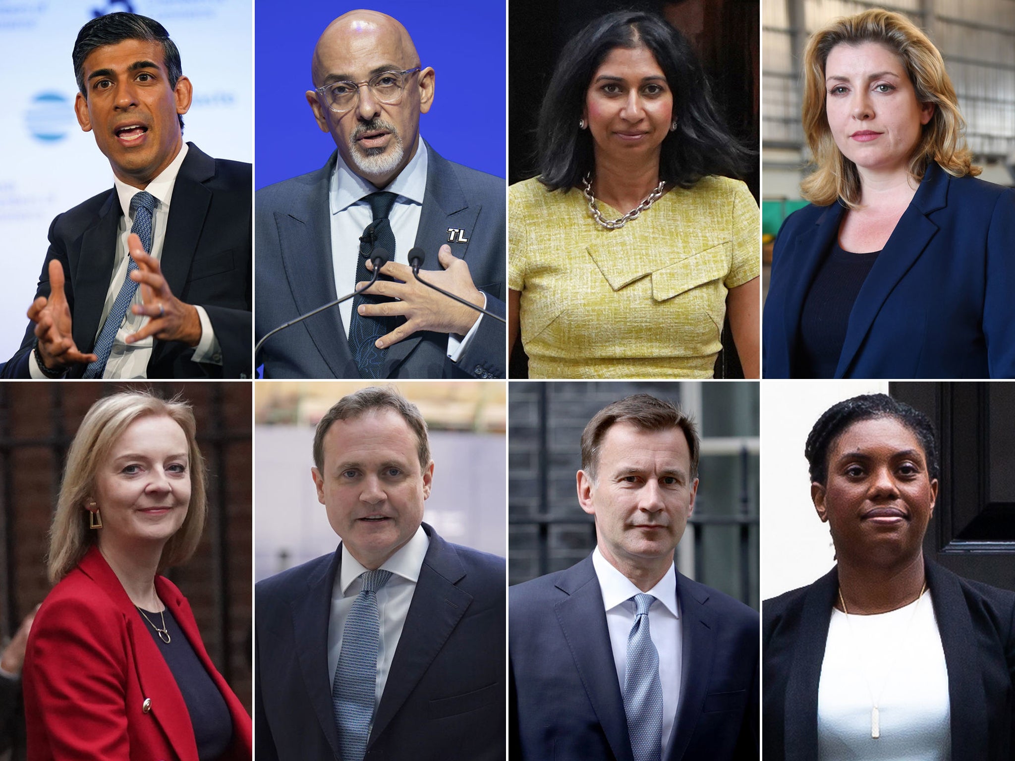 There are now eight MPs left in the race; (top, from left) Rishi Sunak, Nadhim Zahawi, Suella Braverman, Penny Mordaunt; (bottom, from left) Liz Truss, Tom Tugendhat, Jeremy Hunt and Kemi Badenoch