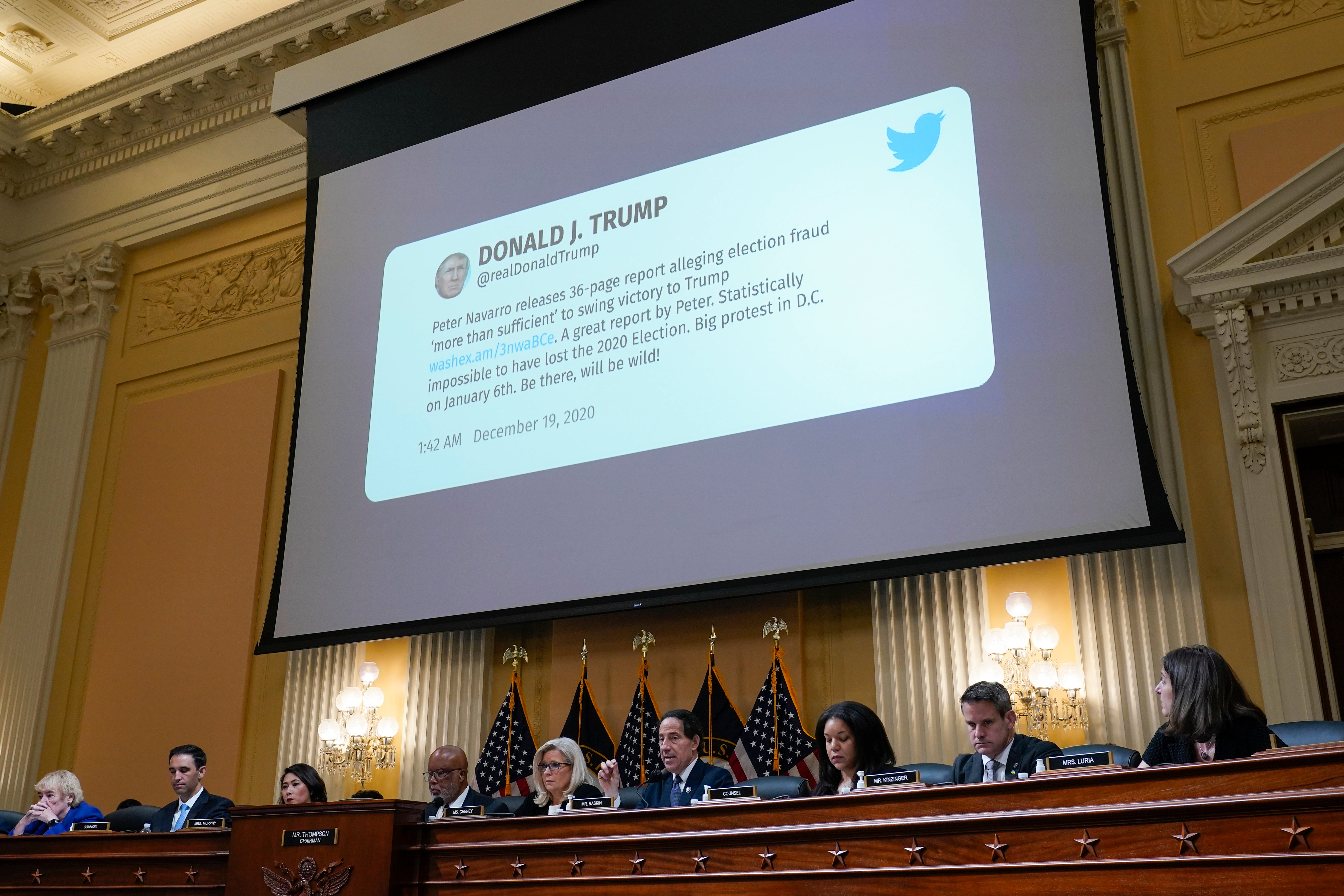 A tweet from former President Donald Trump is shown as the House select committee investigating the Jan. 6 attack