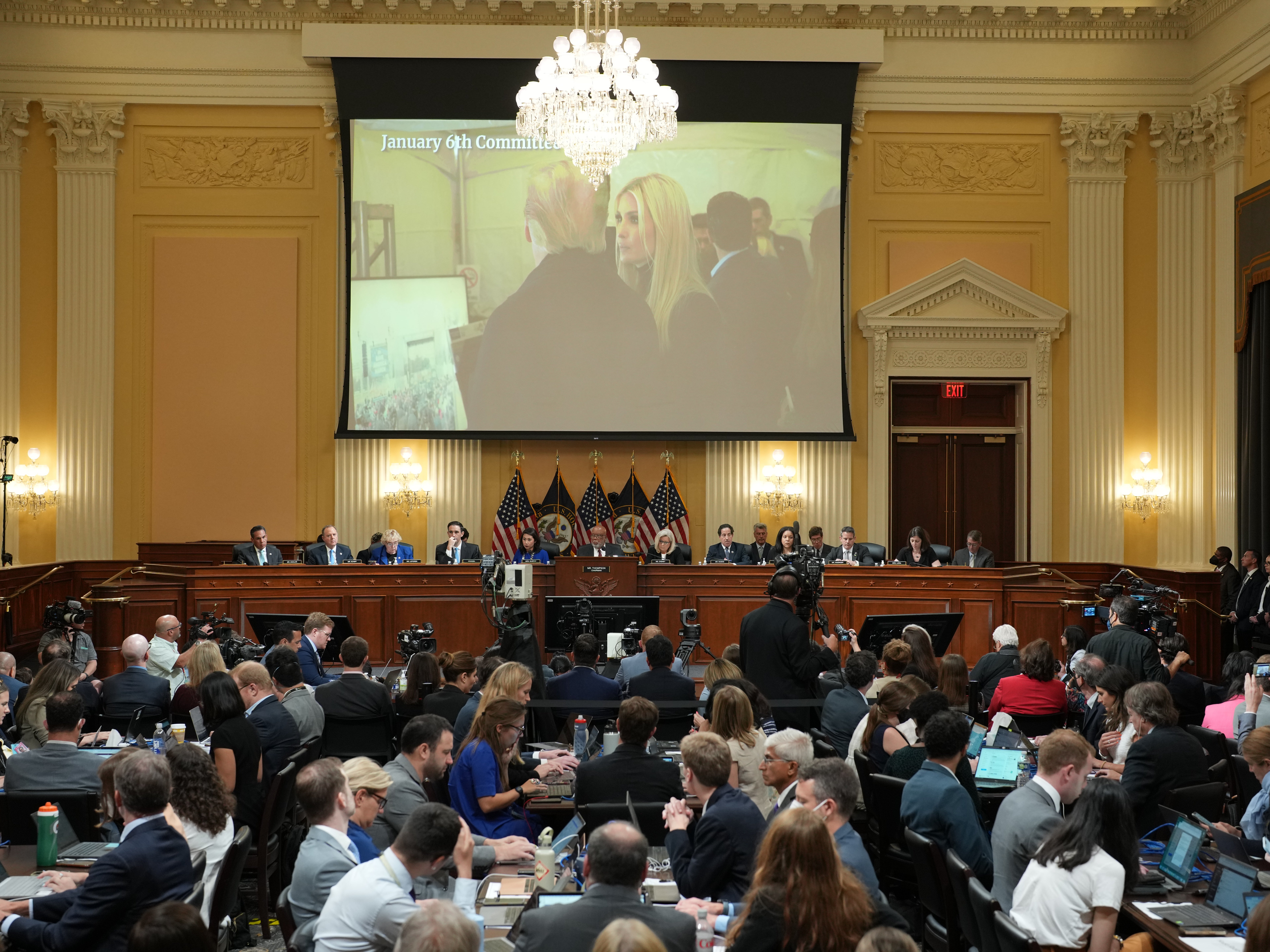 An image of former President Donald Trump and his daughter, Ivanka Trump, is shown on a screen during the seventh hearing held by the Select Committee to Investigate the January 6th Attack on the U.S. Capitol