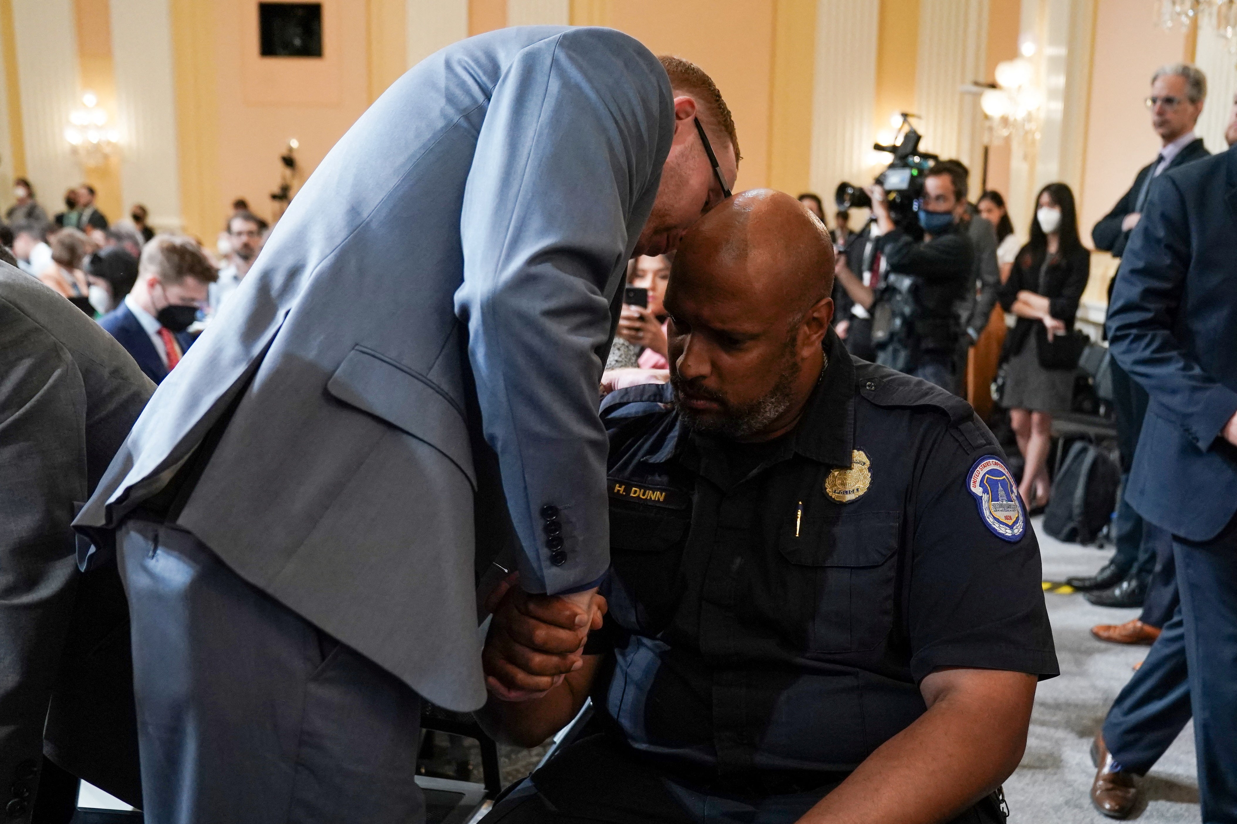 Stephen Ayres speaks to Harry Dunn following testimony before the US House Select Committee to investigate the January 6 Attack