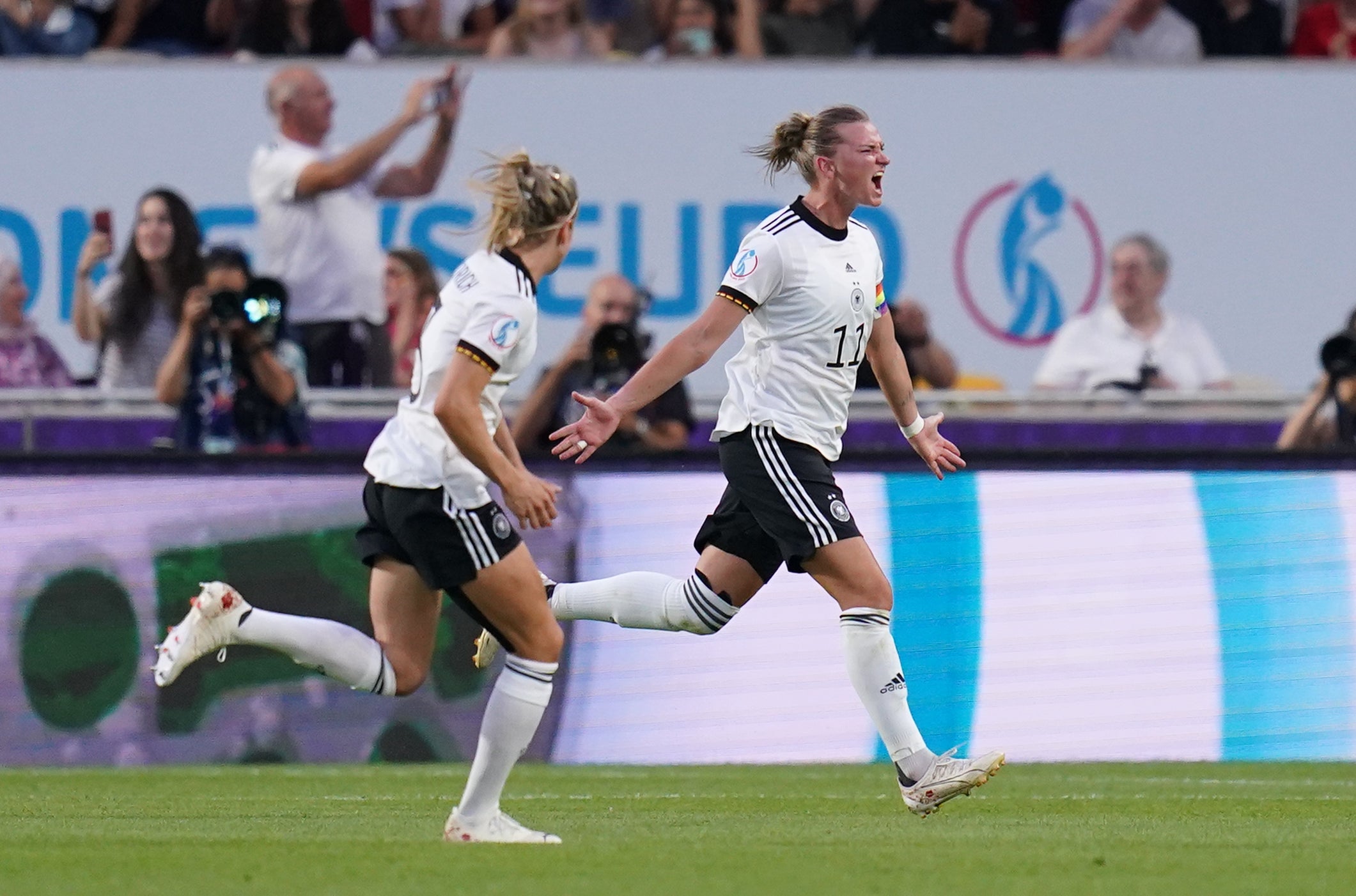 Alexandra Popp celebrated in style as Germany booked their place in the quarter-finals with a 2-0 win over Spain (John Walton/PA)