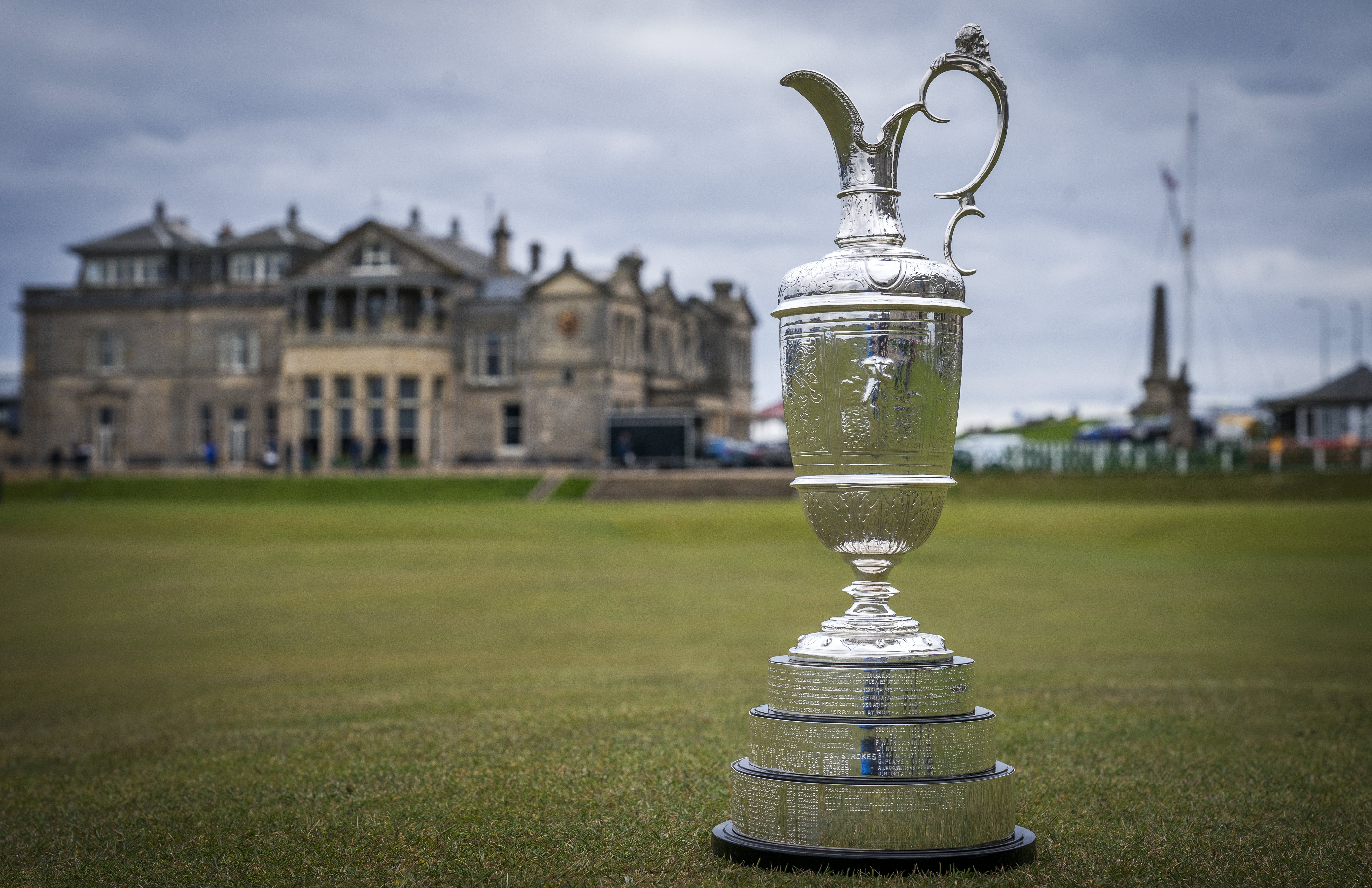 The Open Championship trophy, The Claret Jug pictured on the 18th hole during The Open Media Day at St Andrews (Jane Barlow/PA)