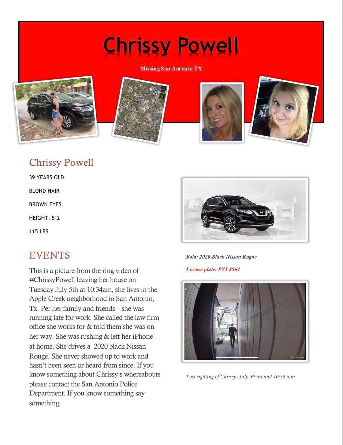 The missing person flyer for Chrissy Powell, 39, describes the last known place that she was seen alive and the black 2020 Nissan Rogue that she was driving, which is also missing