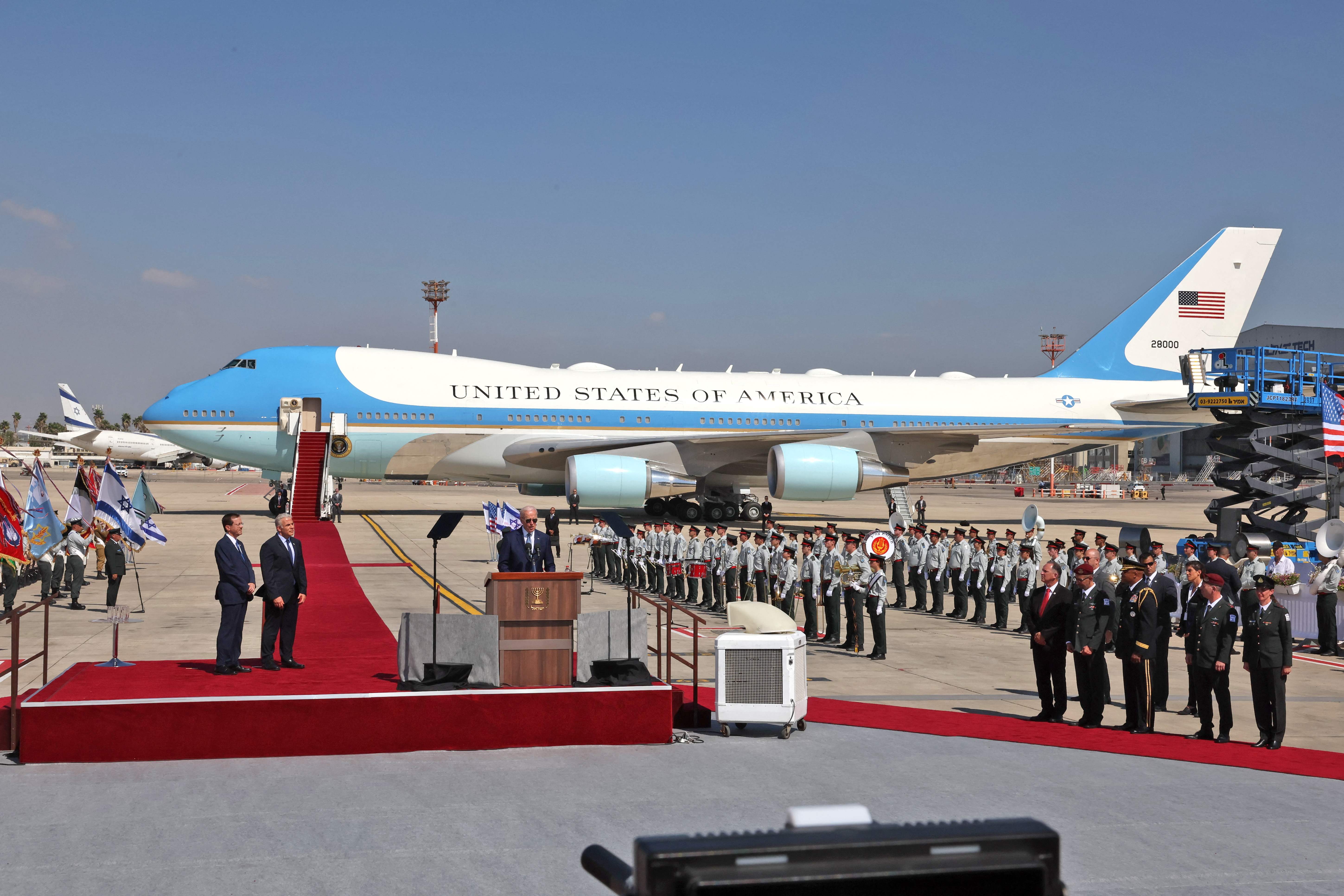 President Joe Biden delivers a statement after his arrival in Israel