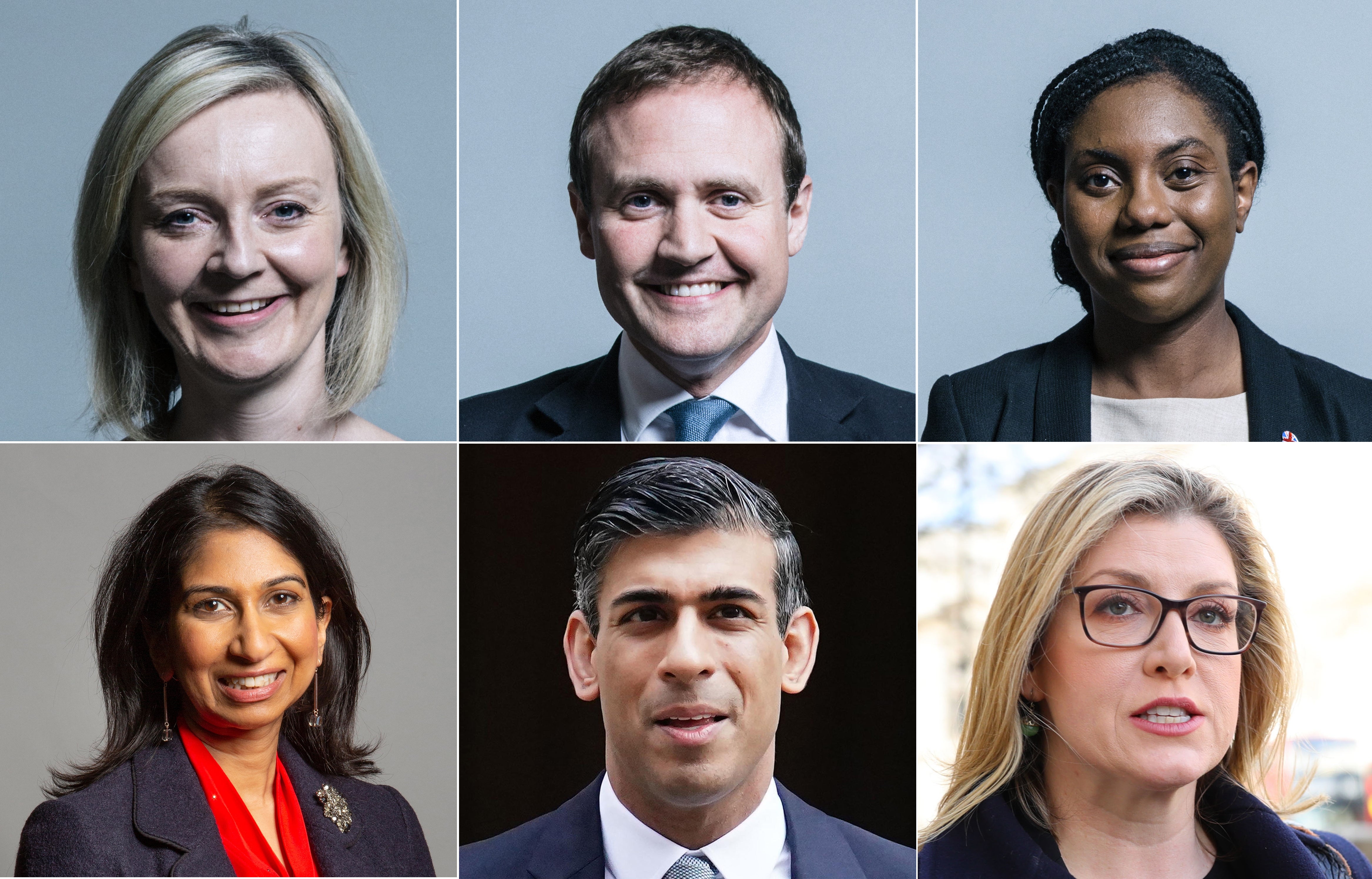 The final six candidates; Top row left to right, Liz Truss, Tom Tugendhat, Kemi Badenoch, Suella Braverman, Mr Sunak and Ms Mordaunt