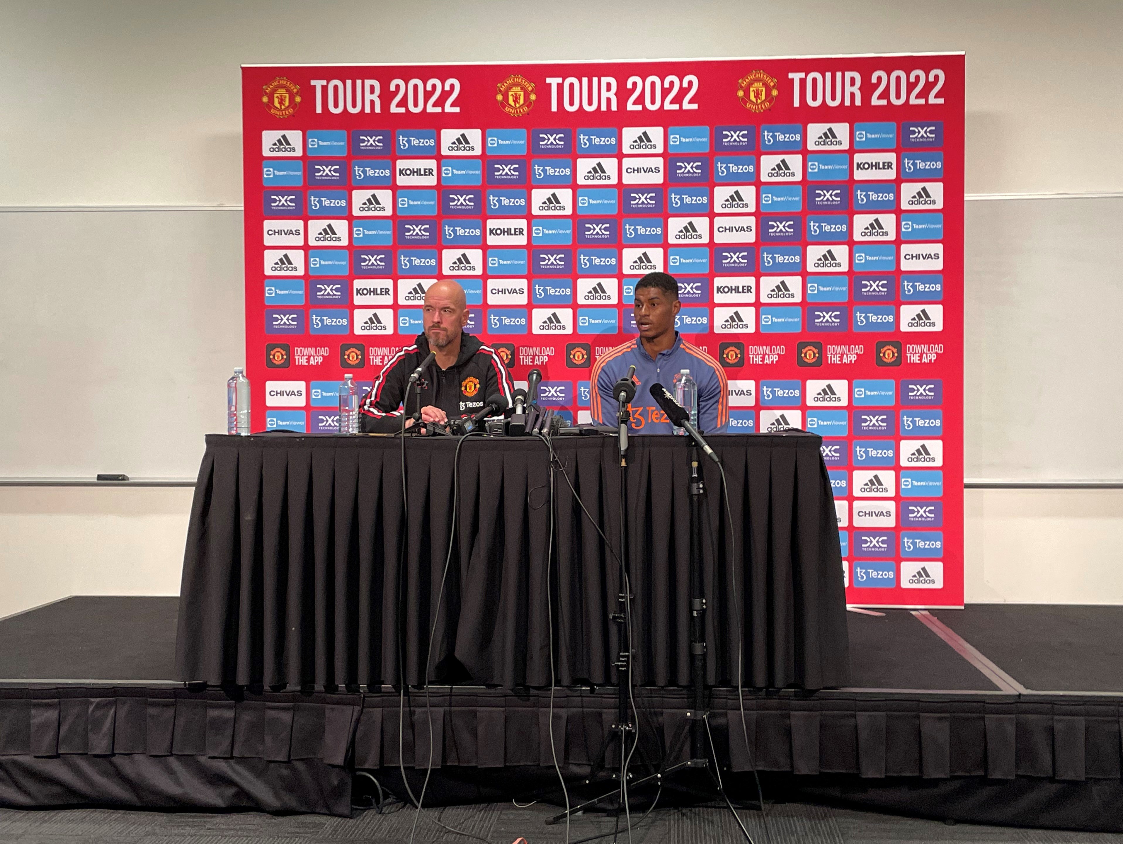 Manchester United manager Erik ten Hag and Marcus Rashford during a press conference at AAMI Park in Melbourne (Simon Peach/PA)