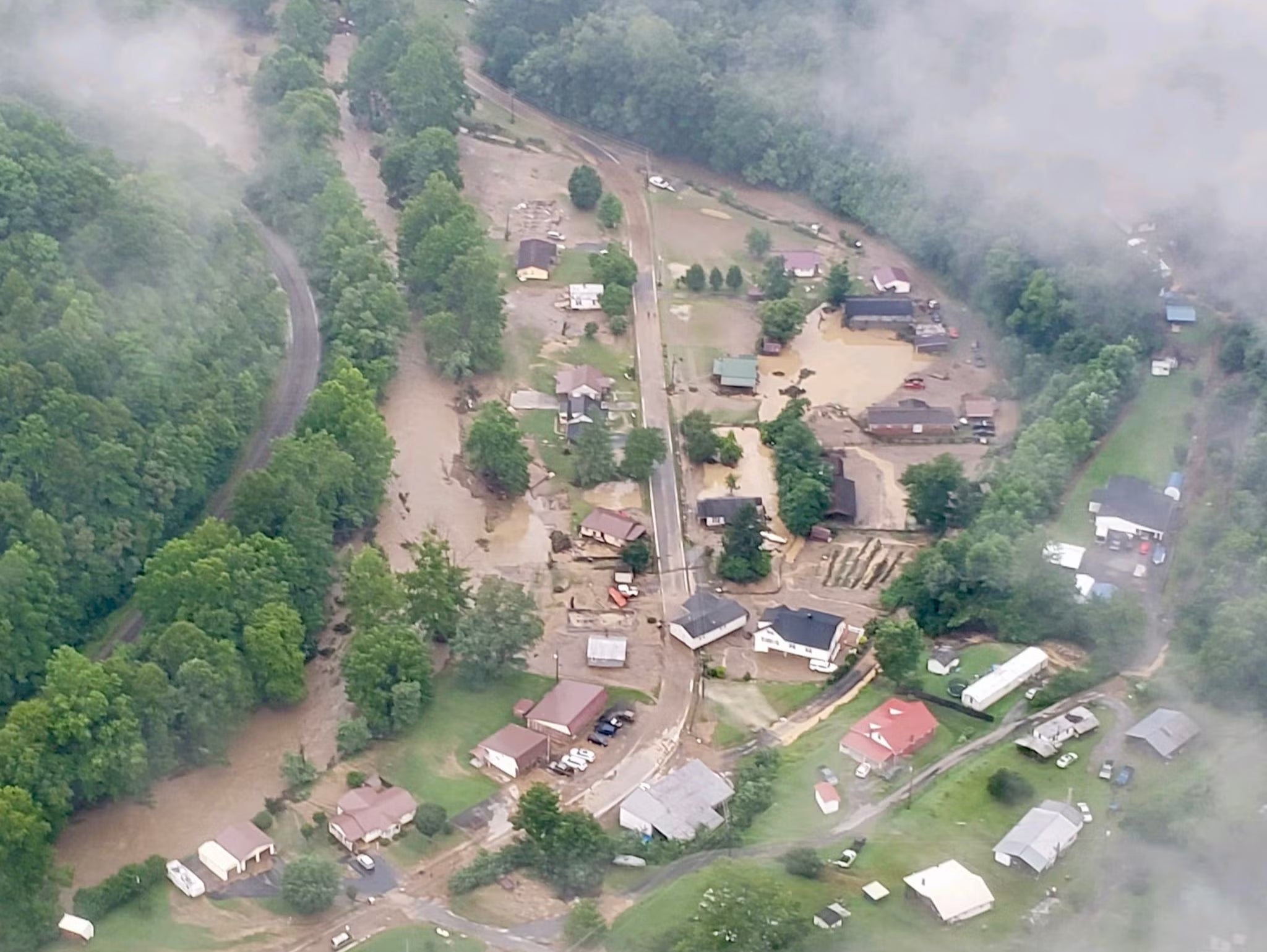 Aerial images show an overflow at the Dismal Creek in Pilgrim’s Knob, Virginia