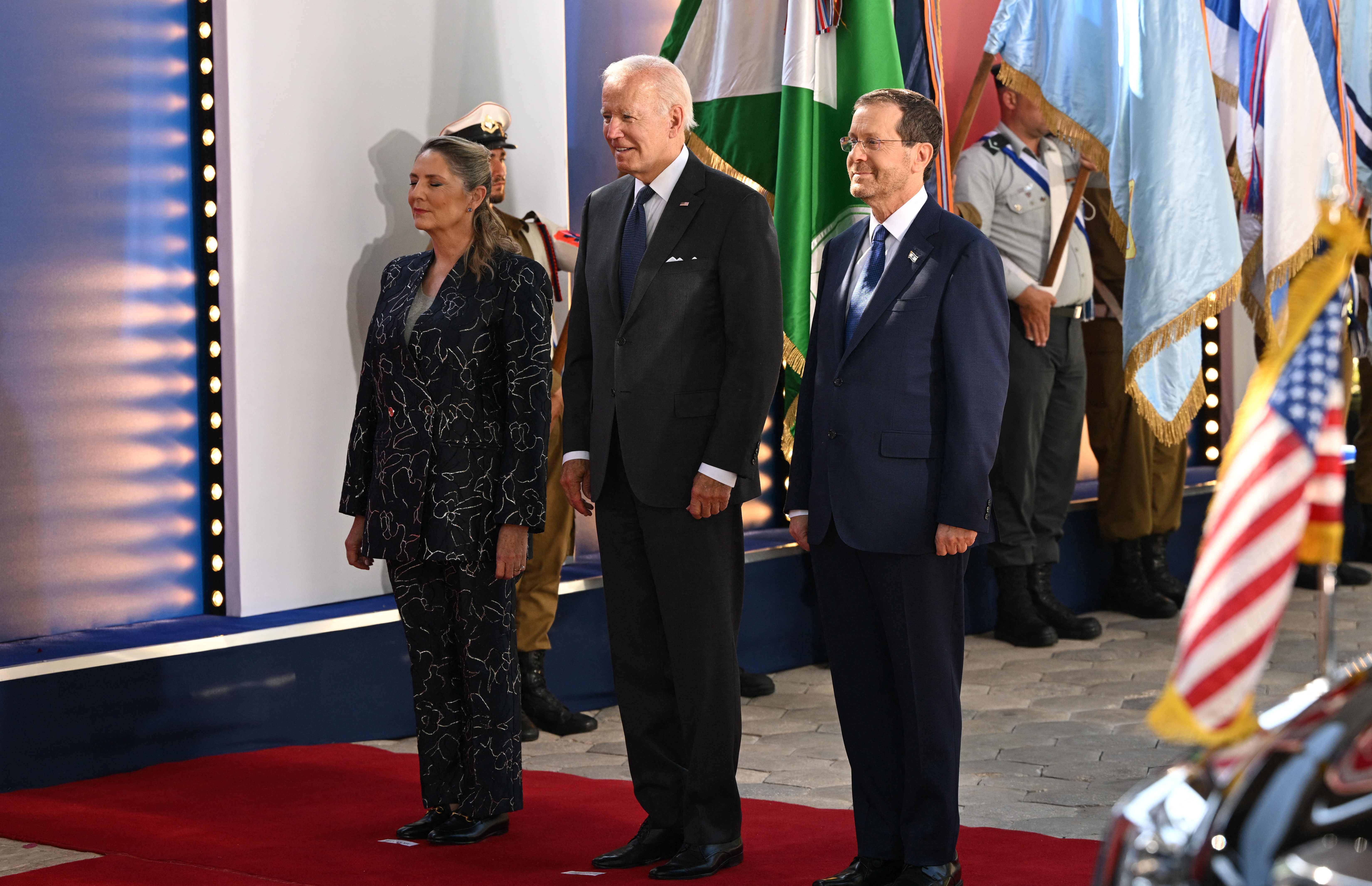 President Joe Biden welcomed by Israeli President Isaac Herzog and First Lady Michal Herzog at the Presidential residence in Jerusalem