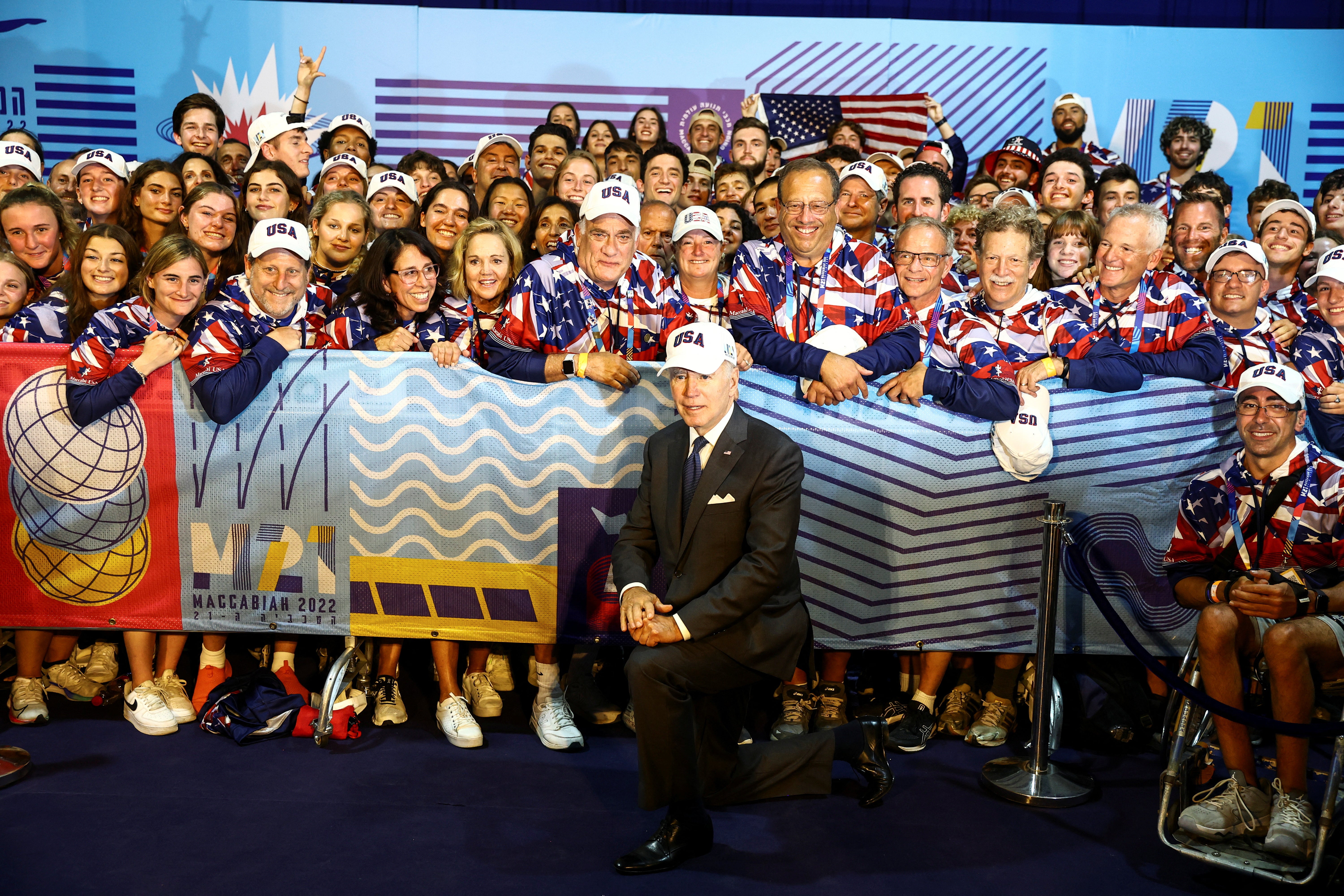 Joe Biden poses with US athletes at the opening ceremony of the 2022 Maccabiah Games