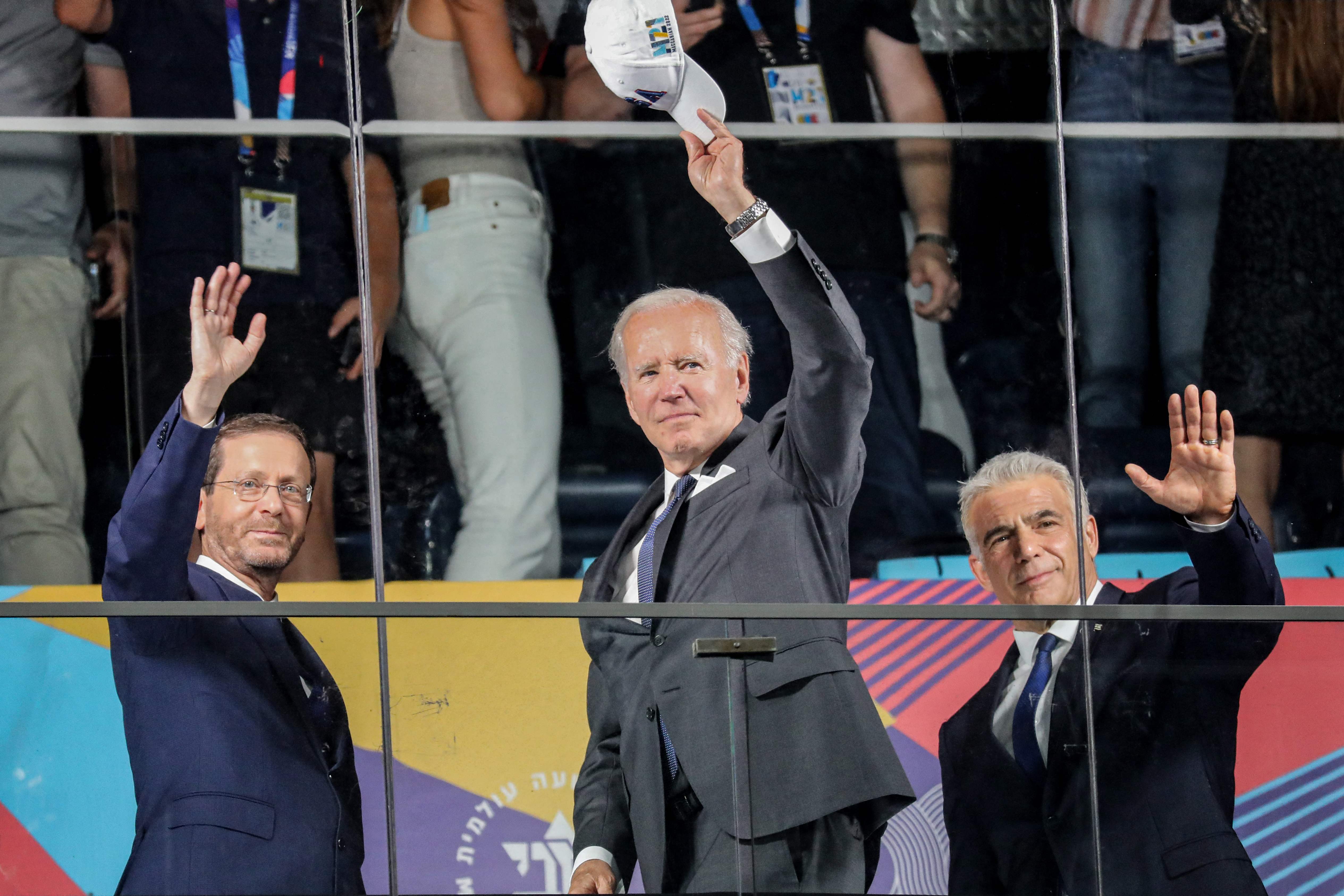 Israeli President Isaac Herzog, US President Joe Biden, and Israel’s caretaker Prime Minister Yair Lapid at the games’ opening ceremony