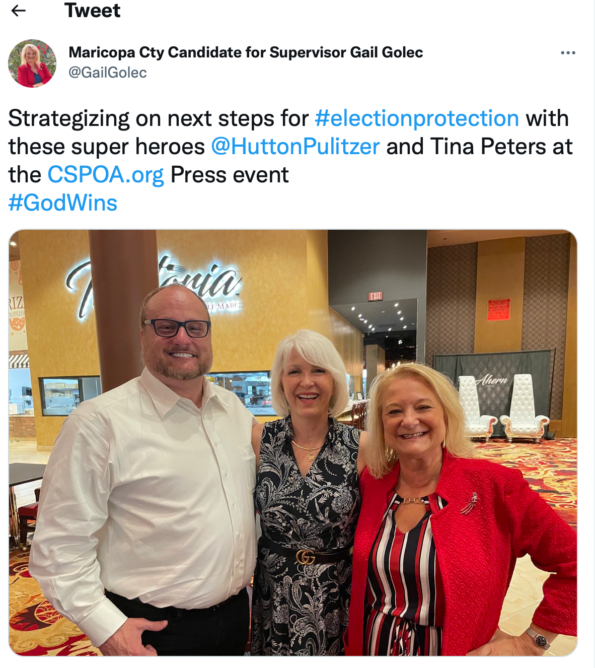 Tina Peters, centre, posed for a photo at a conference in Las Vegas on 12 July