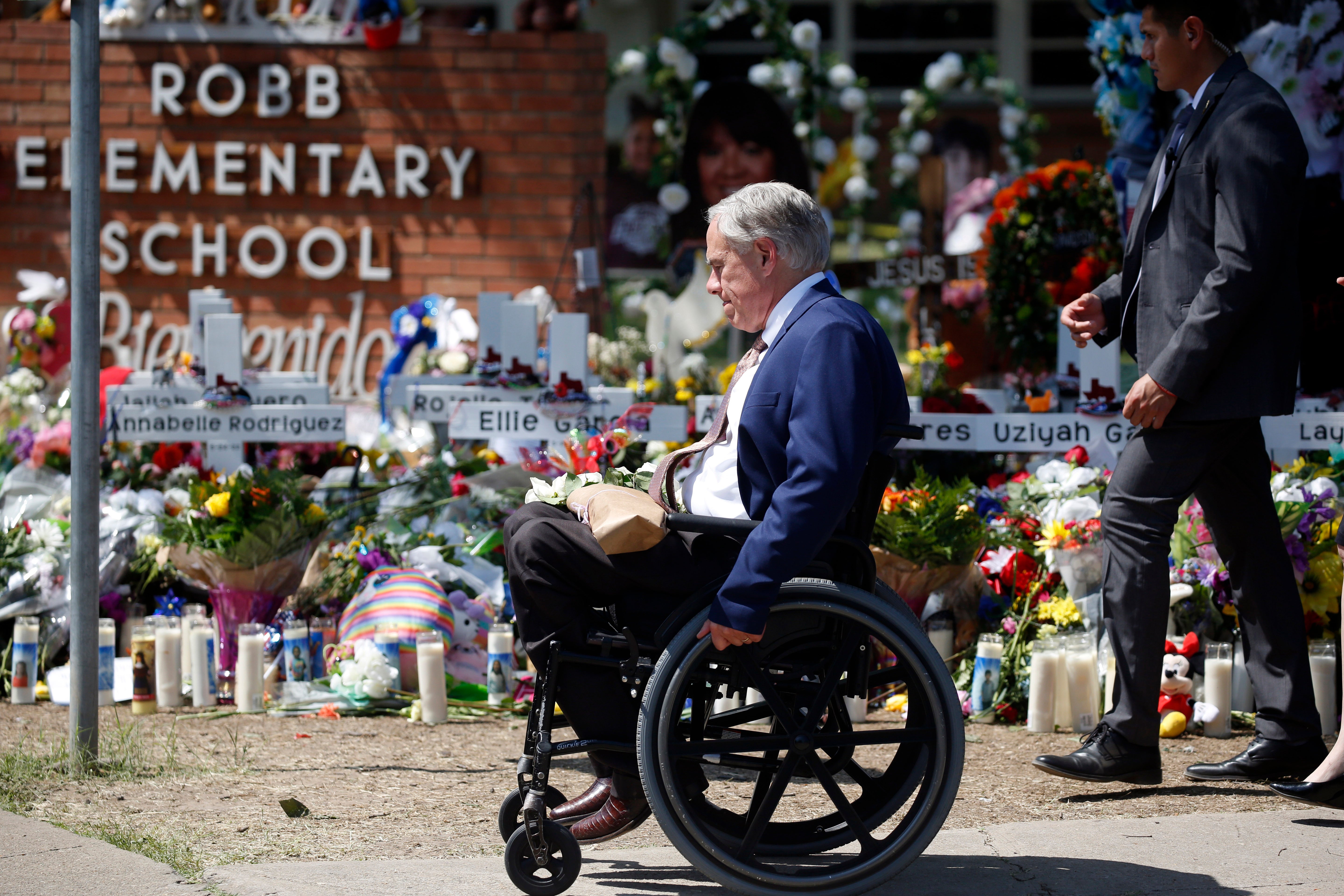 Texas Governor Greg Abbott at the memorial at Robb Elementary School